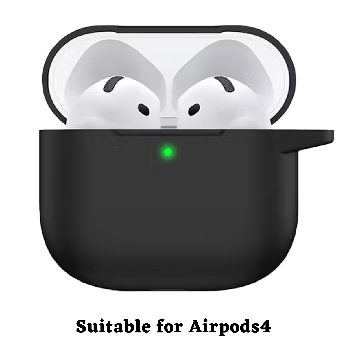 Schwarzes AirPods-Etui mit weißen Ohrhörern darin. Das Etui ist geöffnet und zeigt das Innere. Ein grünes Licht leuchtet.
