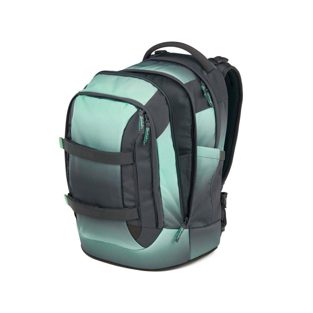 Ein teal- und grauer Rucksack mit mehreren Fächern und Gurten. Der Rucksack hat einen Griff oben.