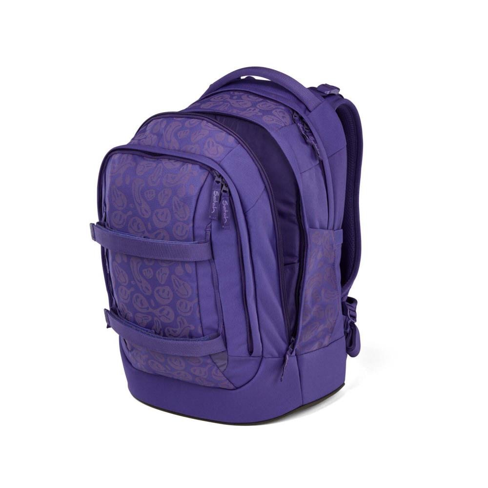 Lila Rucksack mit Smiley-Muster, an der Seite offen. Hat zwei Riemen vorne und einen Griff oben.