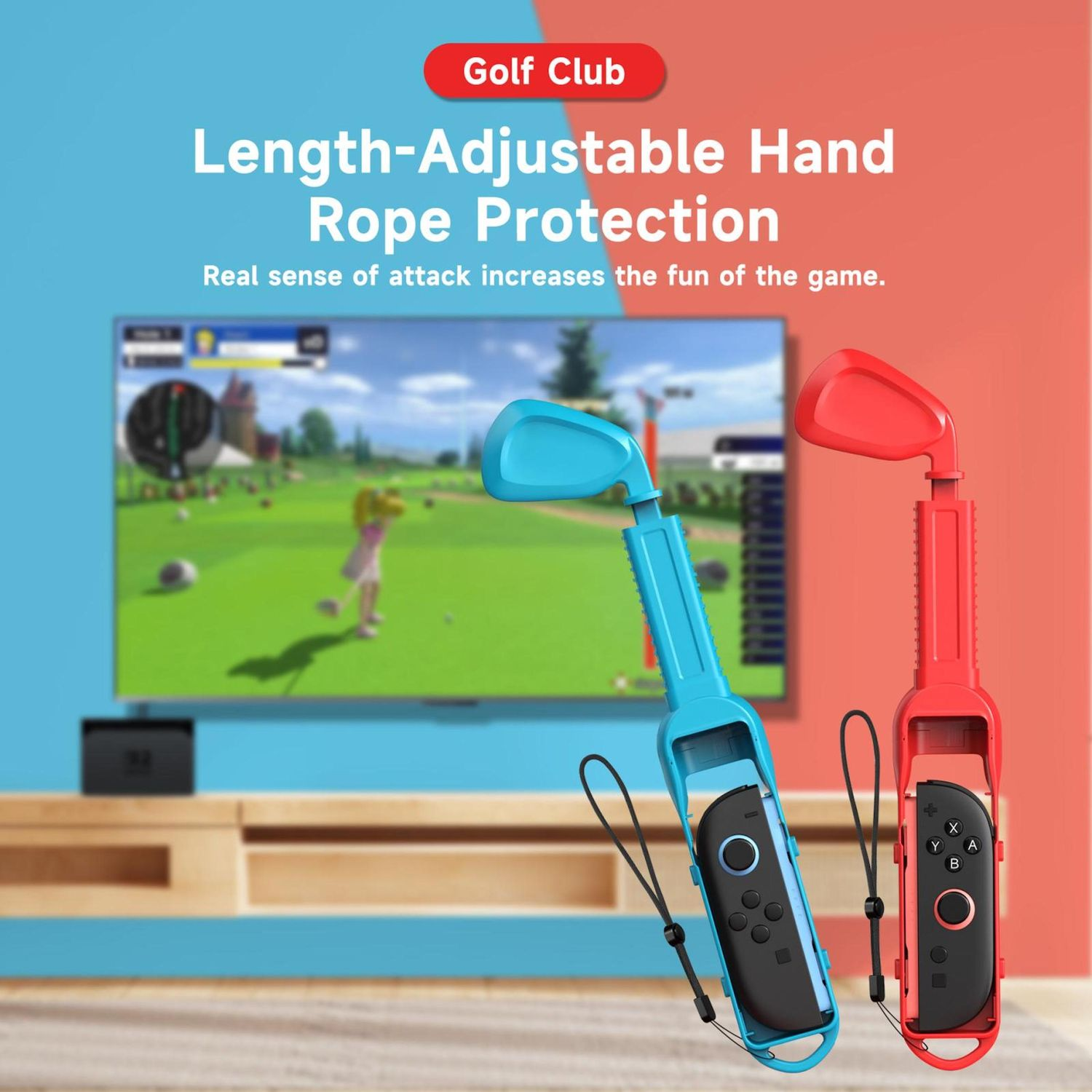 Dos mandos con forma de palo de golf, azul y rojo, junto a un televisor que muestra un juego de golf. El texto dice 'Golf Club' y 'Protección de cuerda ajustable a la mano'.