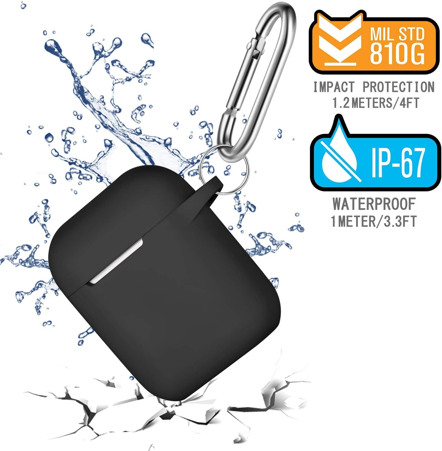 Schwarzes Kopfhörer-Etui mit Karabiner, Wasserspritzer und Schutzetiketten: Stoßfest und wasserdicht. Risse erscheinen im Vordergrund.