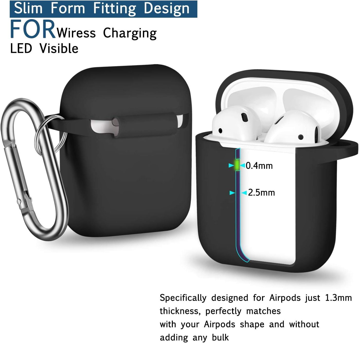 Schwarzes Airpod-Etui mit silbernem Clip, offenes Etui mit weißen Airpods. Text: Schlankes Formdesign, FÜR kabelloses Laden, LED sichtbar.