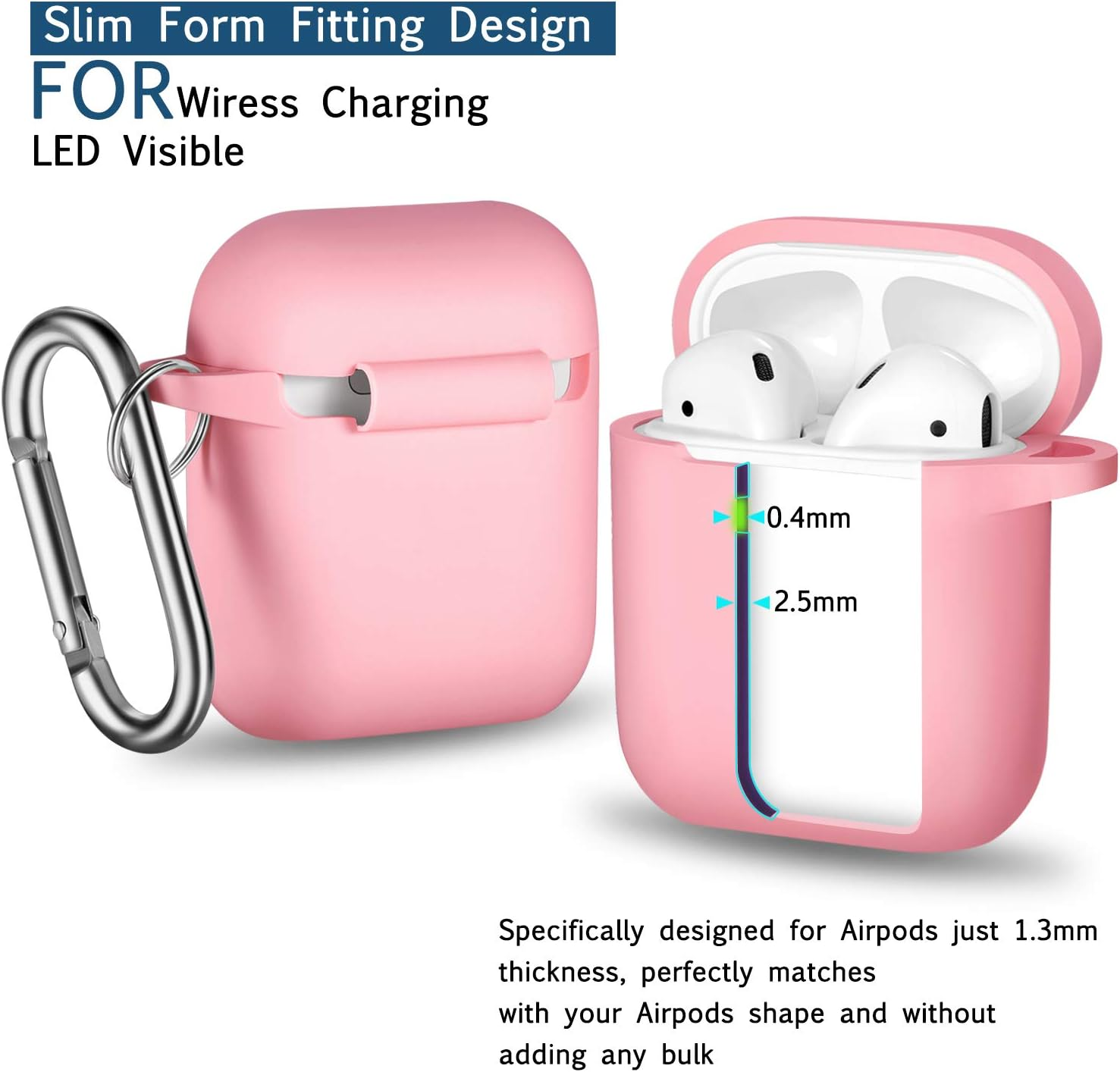 Rosa Airpods-Hülle mit Airpods darin. Silberner Karabiner links. Text: schlankes Design, kabelloses Laden, LED sichtbar. Abmessungen gezeigt.