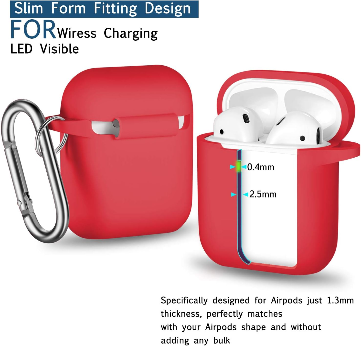 Rotes AirPods-Case mit silbernem Karabiner neben einem offenen Case mit weißen AirPods. Text: Schlankes Design, kabelloses Laden.