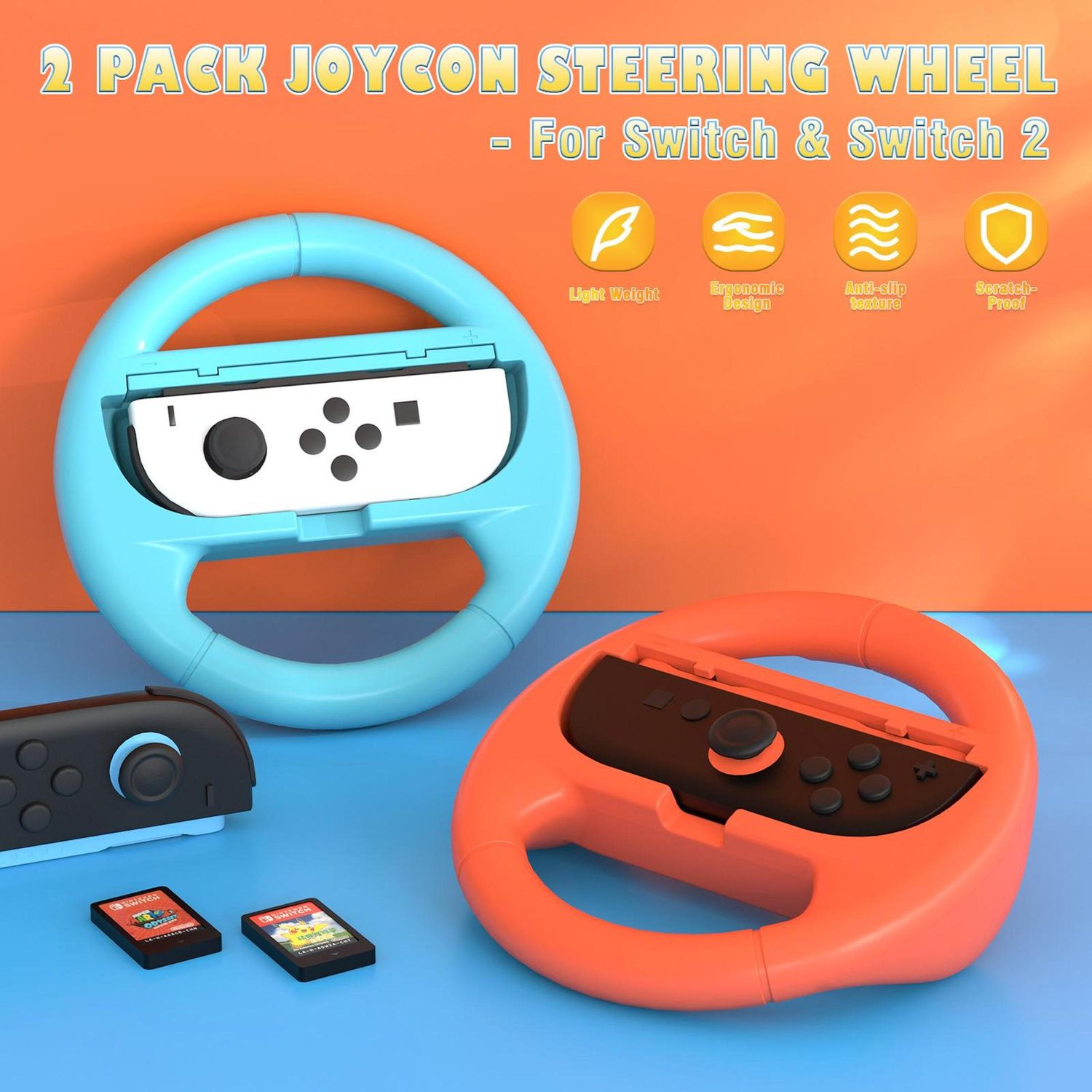 Dos volantes Joy-Con en azul y naranja, con cartuchos de juego y un controlador negro sobre un fondo naranja y azul.