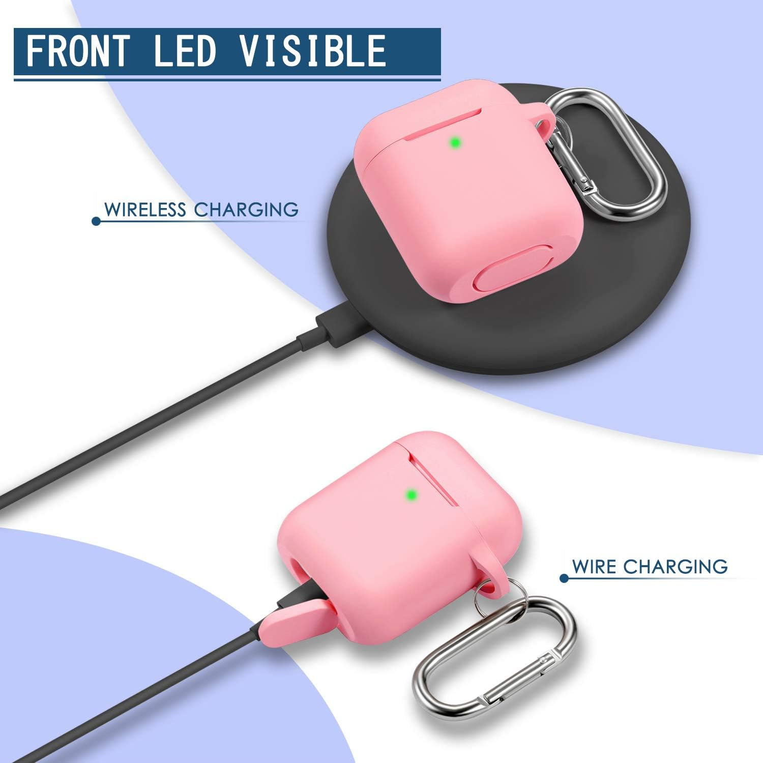 Rosa Kopfhörerhüllen mit grünen LEDs, eine auf einem kabellosen Ladegerät, die andere kabelgebunden. Silberne Karabiner sind angebracht.