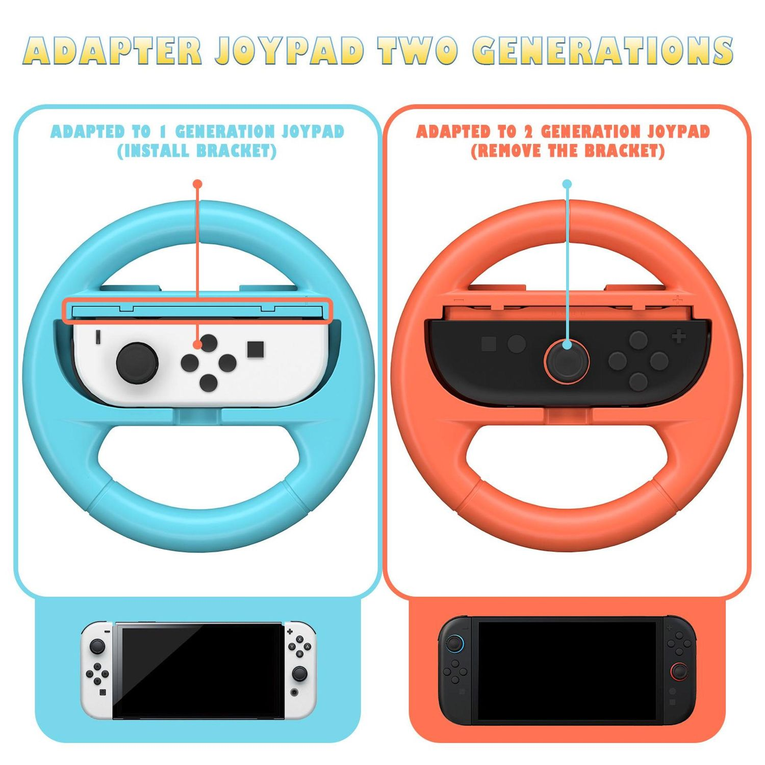 La imagen muestra dos adaptadores de controlador de juego, azul y naranja, cada uno con un Joy-Con de Switch. Debajo hay consolas Switch.