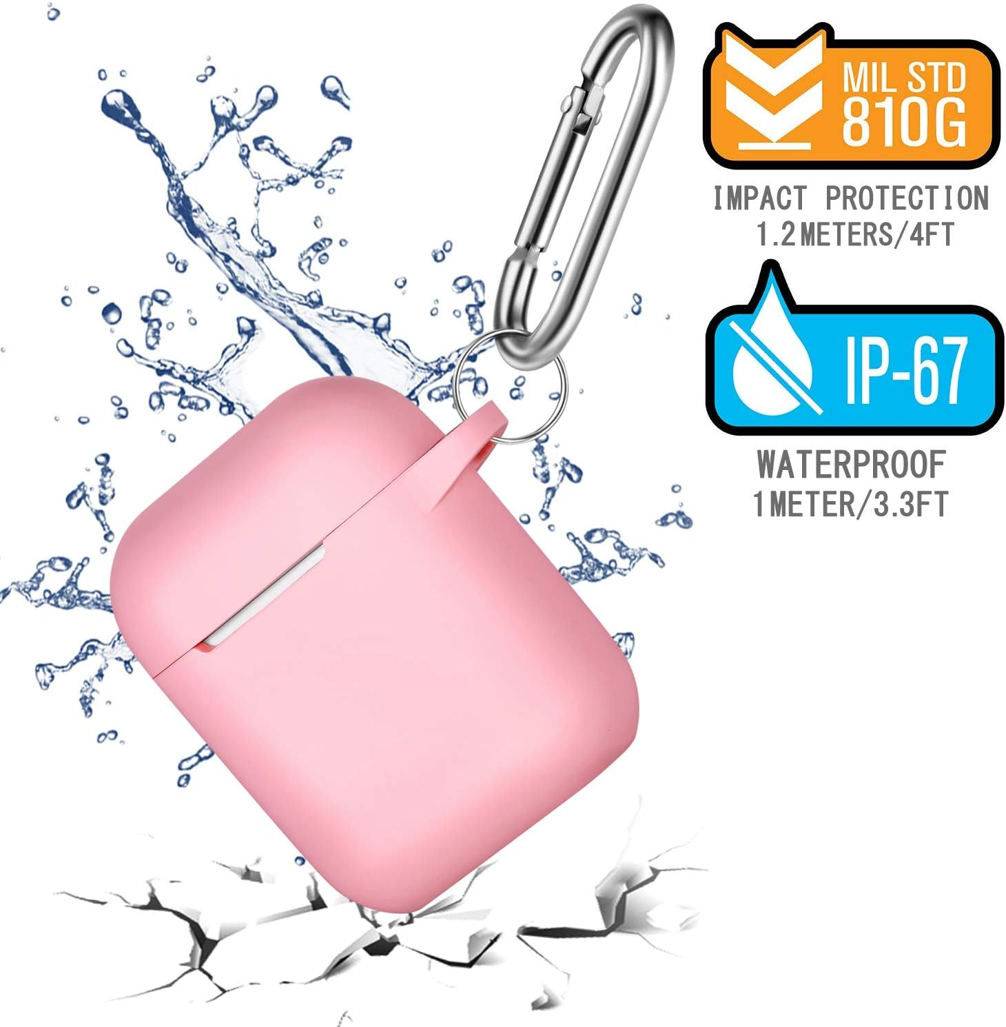 Ein rosa Gehäuse mit Silberclip, Wasserspritzer und Text, der Aufprallschutz und Wasserdichtigkeit anzeigt.
