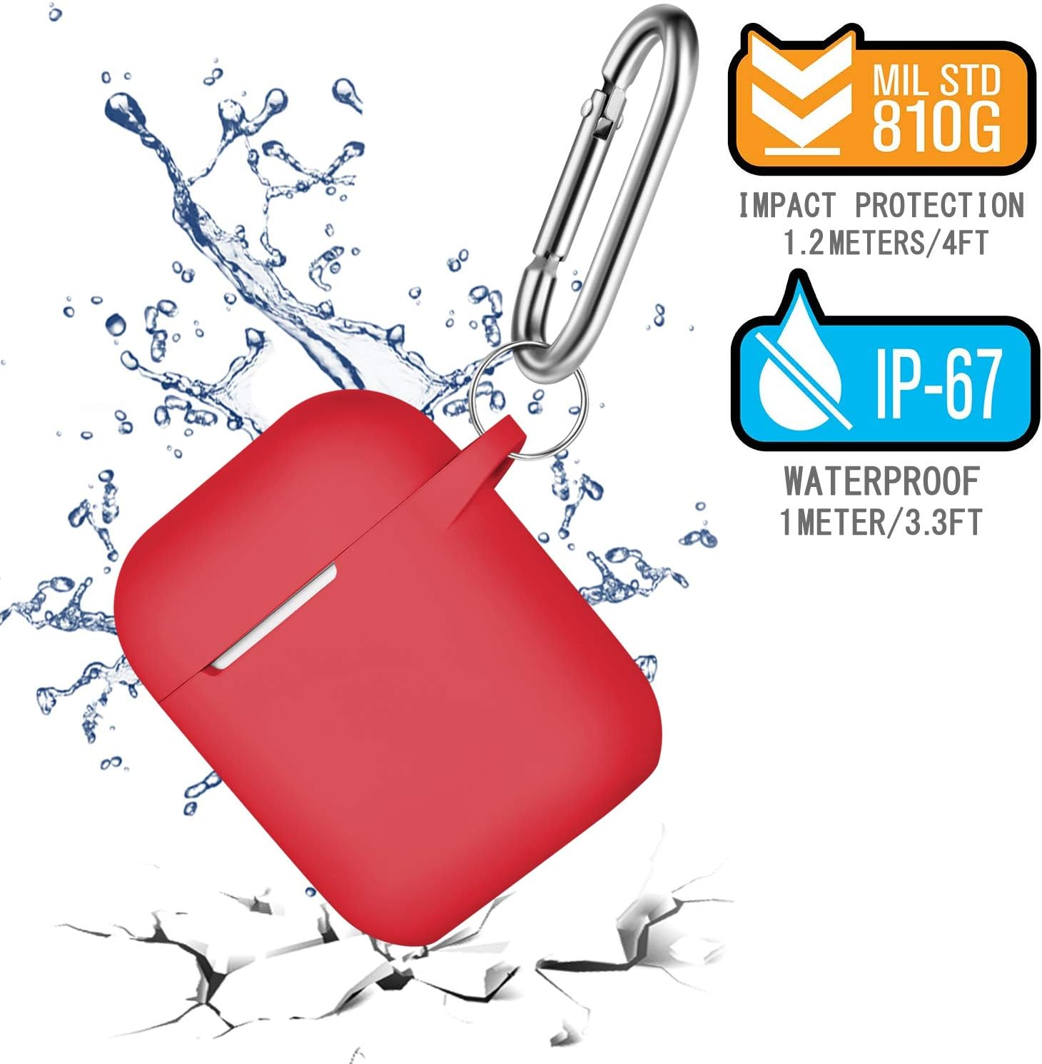 Rote Kopfhörerhülle mit Karabinerhaken. Wasserspritzeffekt. Orange und blaue Etiketten zeigen Stoß- und Wasserfestigkeit an.