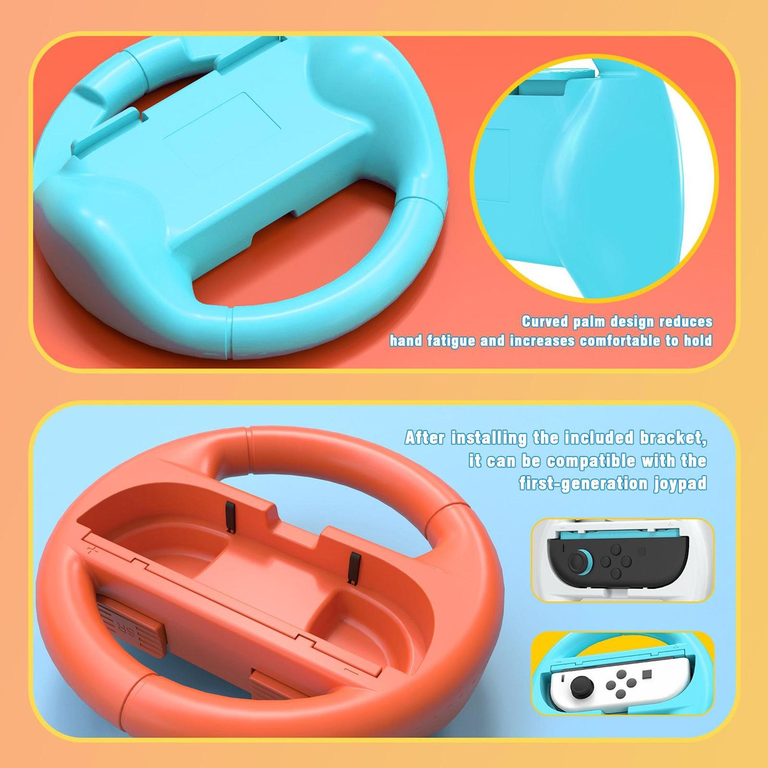 La imagen muestra dos mandos de juego, uno azul y otro naranja, con texto sobre la fatiga de la mano y la compatibilidad con el joypad.