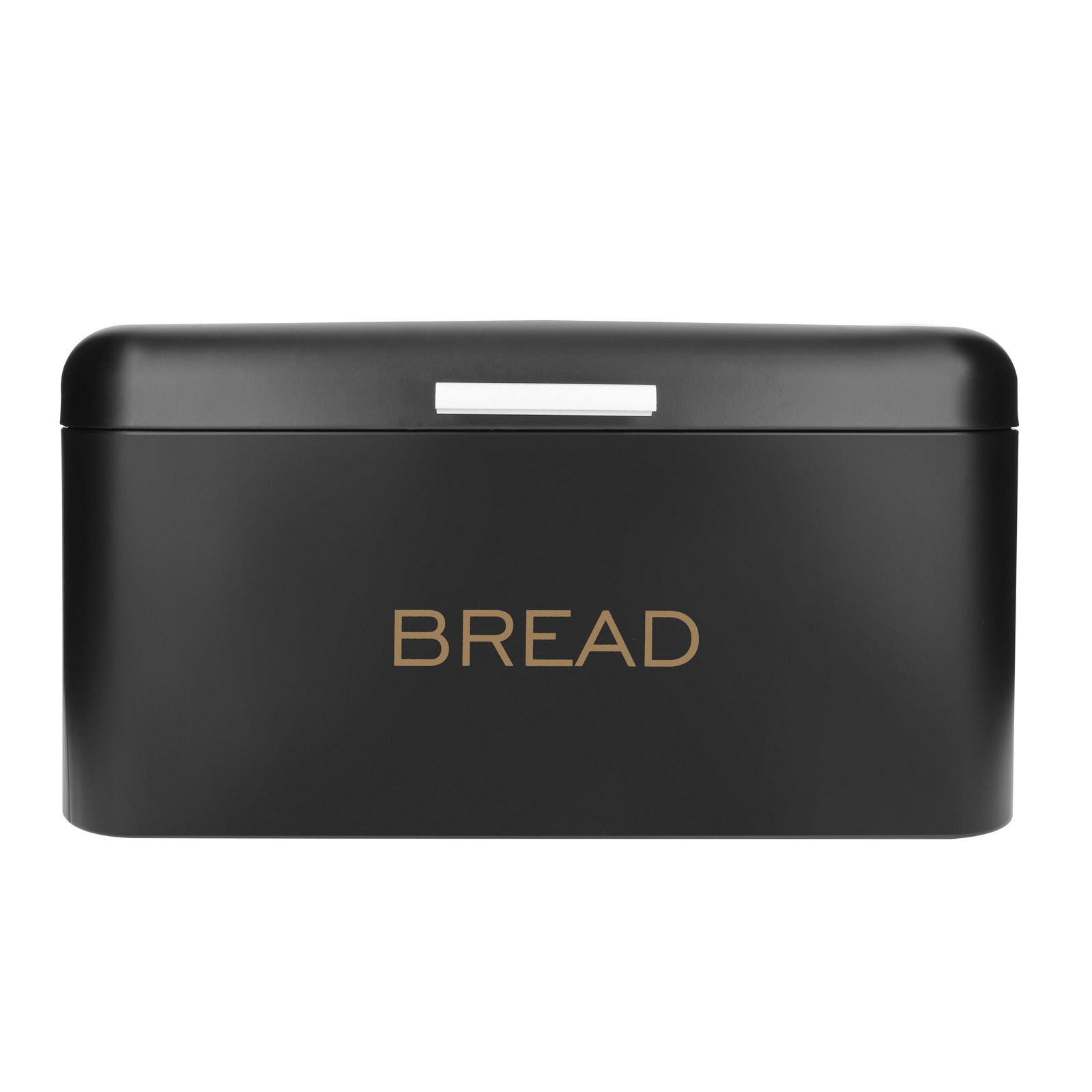 Eine schwarze Brotdose mit weißem Griff oben und dem Wort BREAD in goldenen Buchstaben.