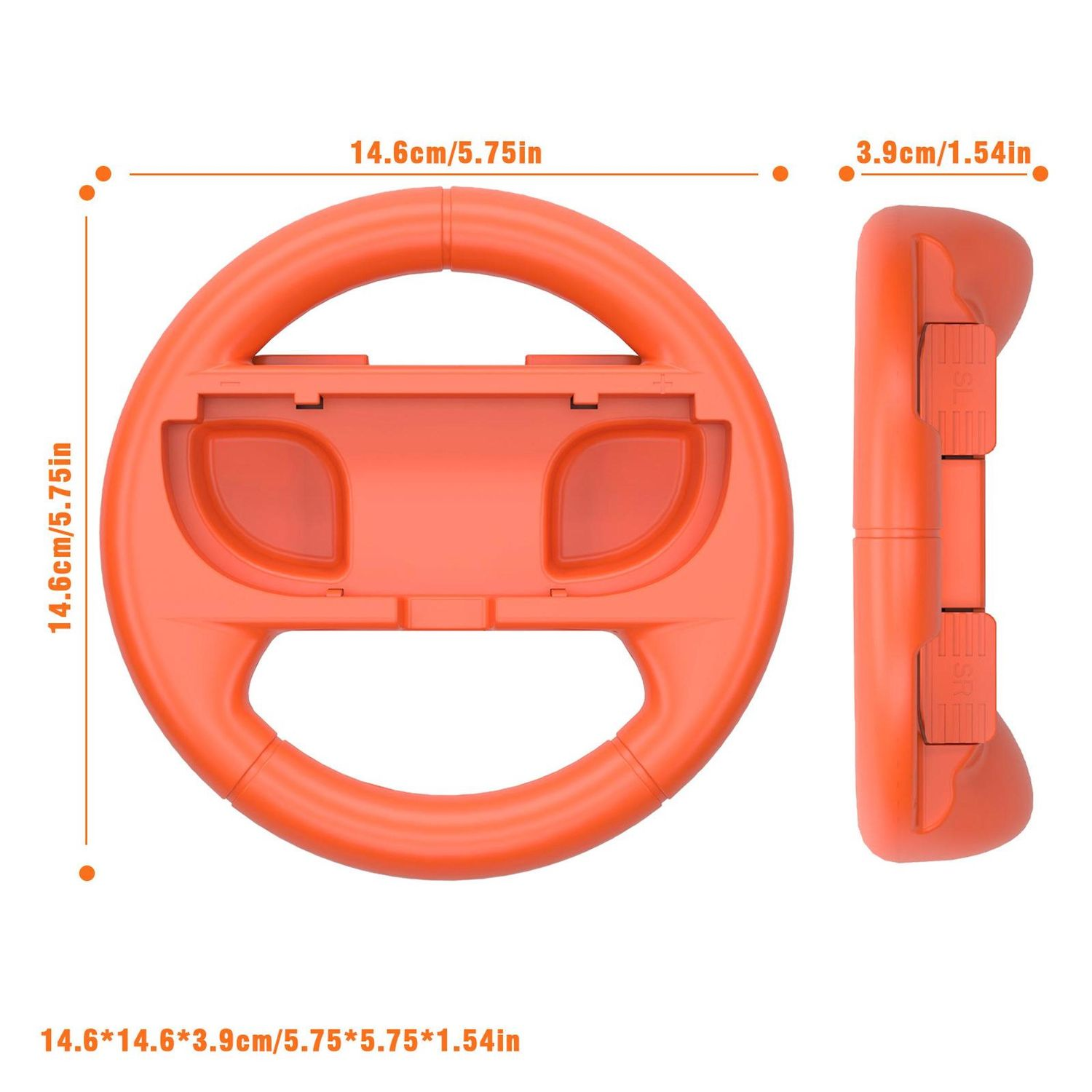 Un volante naranja para consola, con dimensiones en cm y pulgadas. Vista lateral muestra botones.