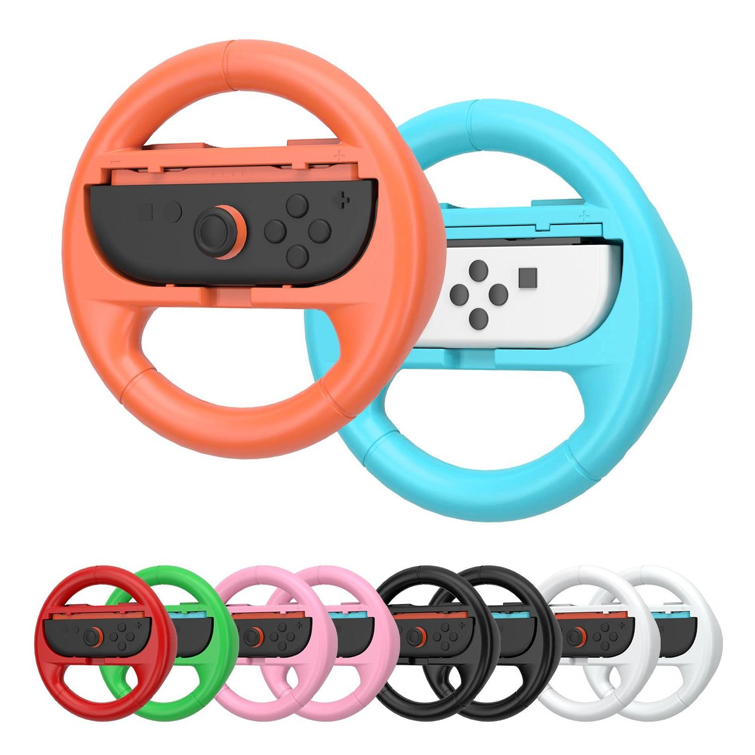La imagen muestra varios volantes de controlador de juego en varios colores. Dos ruedas superiores son naranjas y azules. La fila inferior muestra rojo, verde, rosa, negro y blanco.