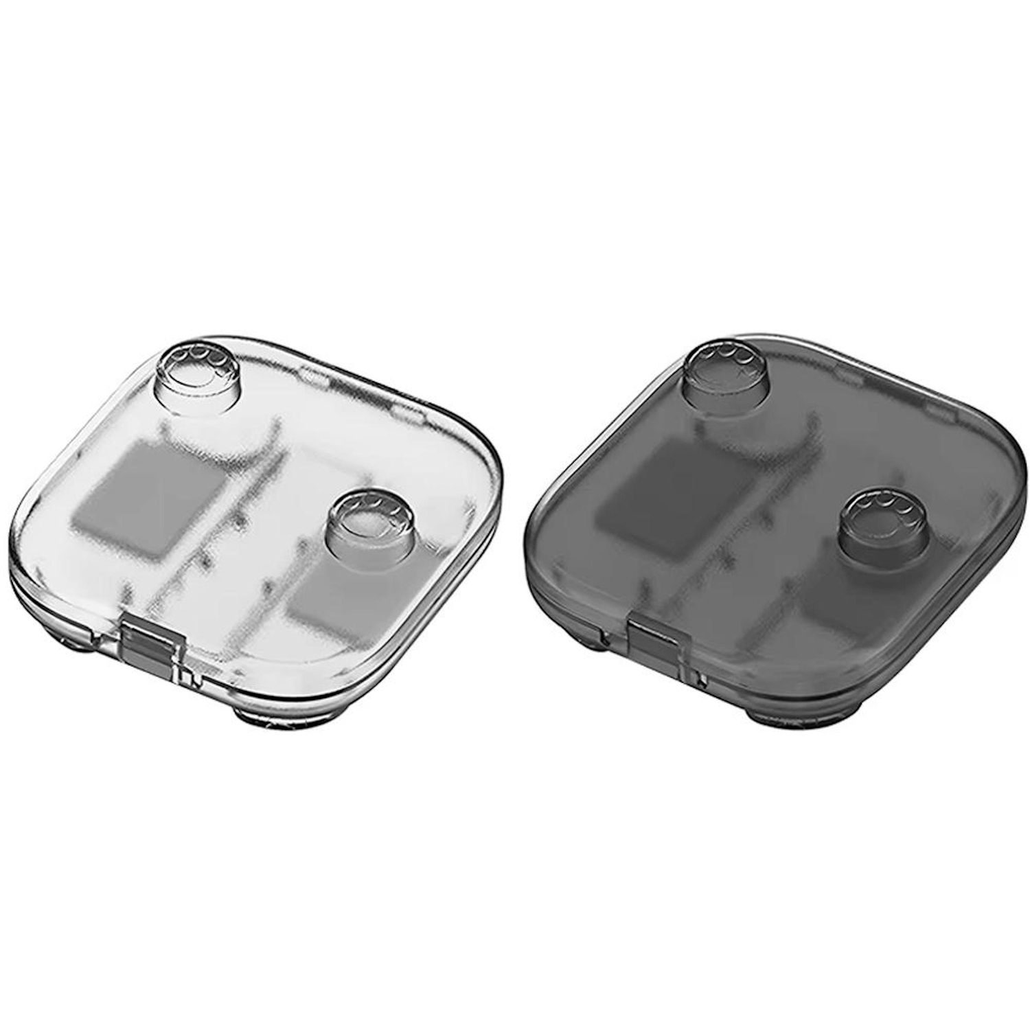 Dos estuches de plástico transparente con esquinas redondeadas. Uno transparente, otro gris ahumado. Cada uno tiene tres botones redondeados.