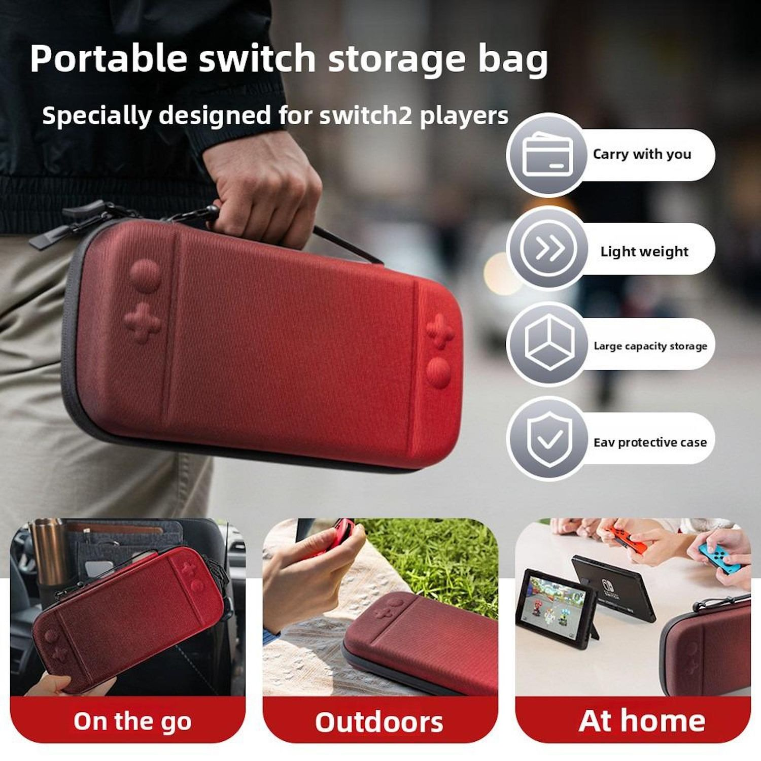Una persona sostiene una bolsa de almacenamiento roja para Switch. La bolsa se muestra en diferentes escenarios: en movimiento, al aire libre y en casa.