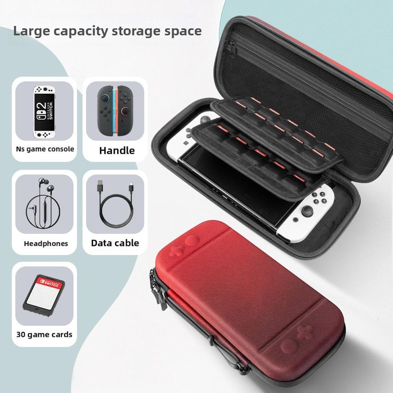 Estuche Nintendo Switch rojo y negro abierto. Se muestran la consola, los mandos, auriculares, cable de datos y tarjetas de juego.