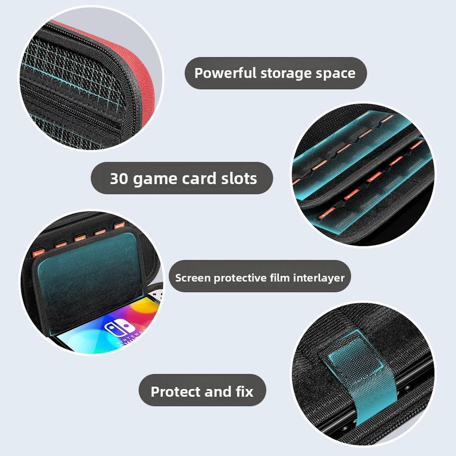 La imagen muestra una funda negra con detalles rojos, ranuras para tarjetas de juego, protección de pantalla y una Nintendo Switch.