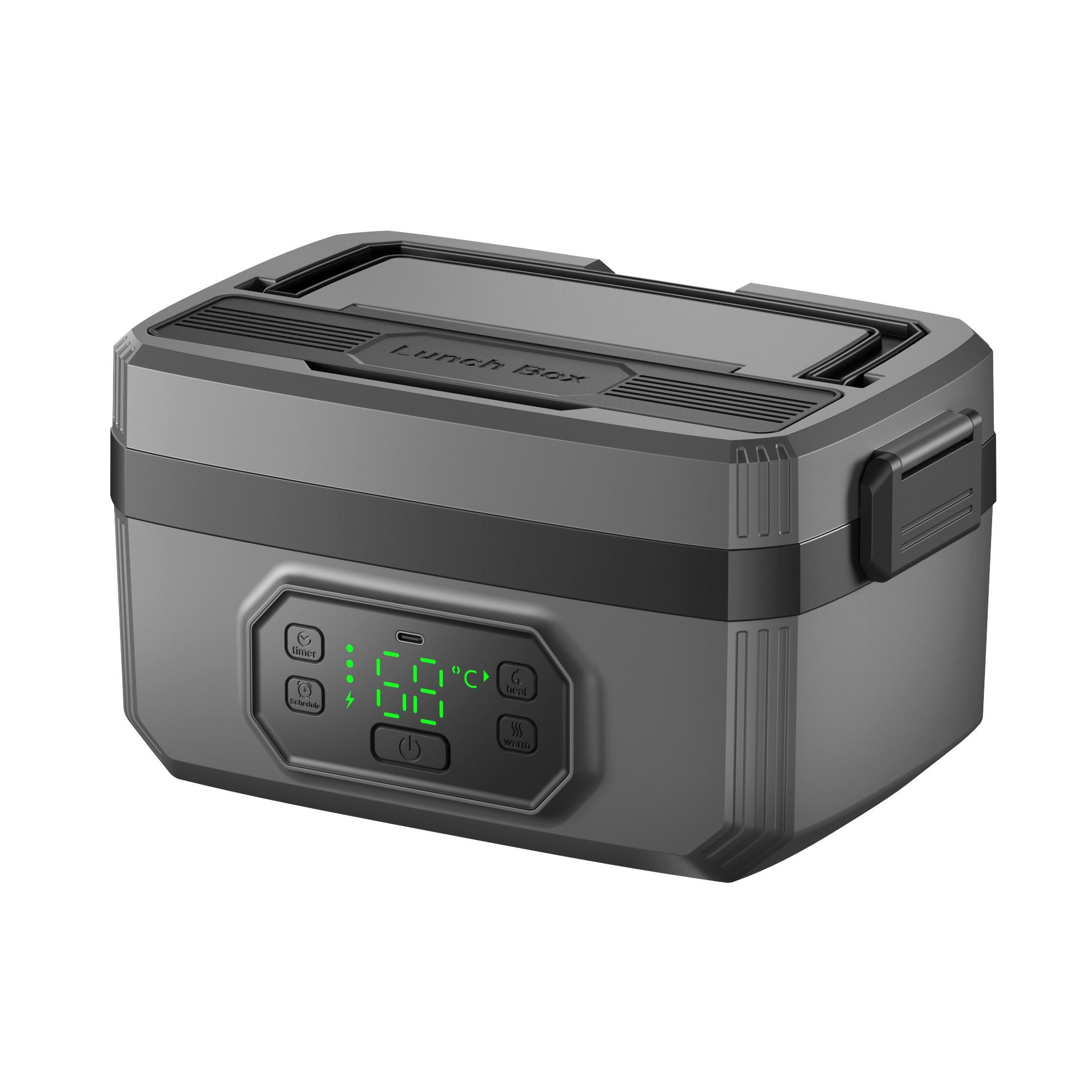 Eine graue Lunchbox mit digitaler Anzeige zeigt 68 °C an. Sie hat Tasten für Timer, Zeitplan, Erhitzen und Warmhalten.