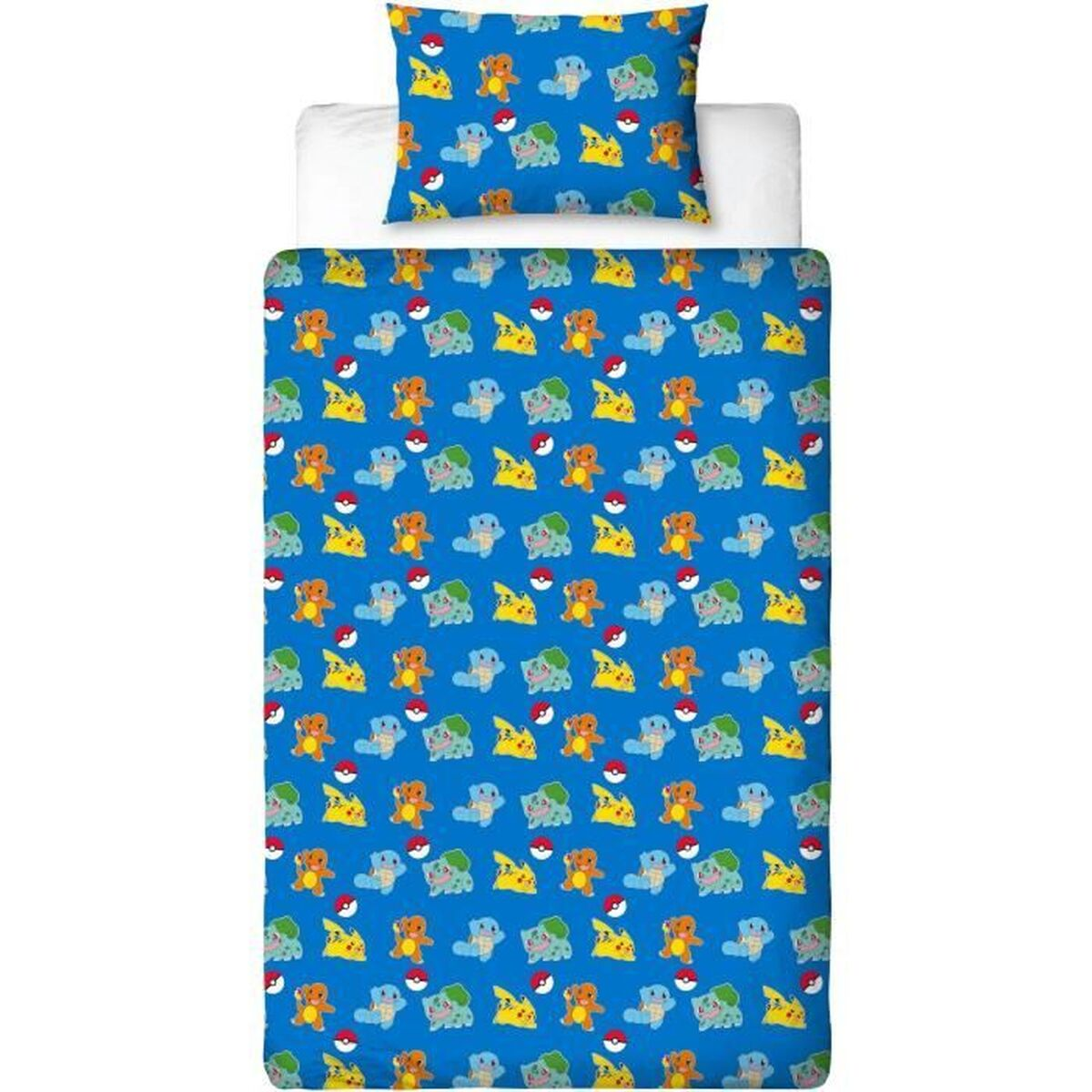Blaues Pokemon-Bettwäsche-Set mit sich wiederholenden Mustern von Pokemon-Charakteren und Pokeballs. Inklusive Kissenbezug und Bettbezug.