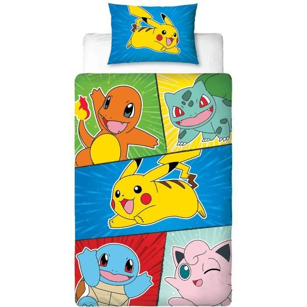 Ein Bettwäsche-Set mit Pikachu und anderen Pokémon-Charakteren. Das Set enthält einen Kissenbezug und einen Bettbezug mit bunten Quadraten.