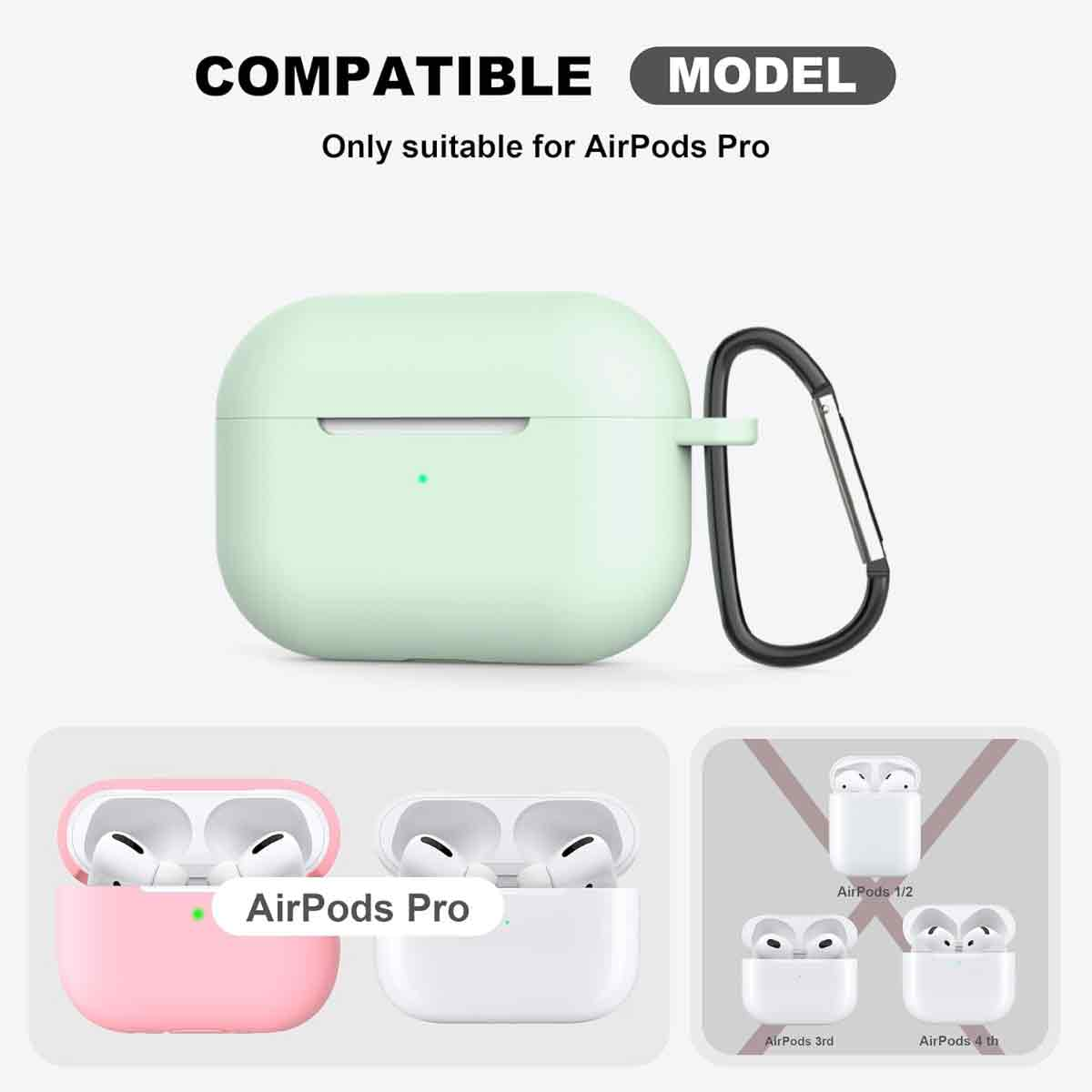 Ein mintgrünes AirPods Pro-Case mit schwarzem Karabiner und drei Beispiele für AirPods-Modelle: Pro, 1/2, 3. und 4. Generation.