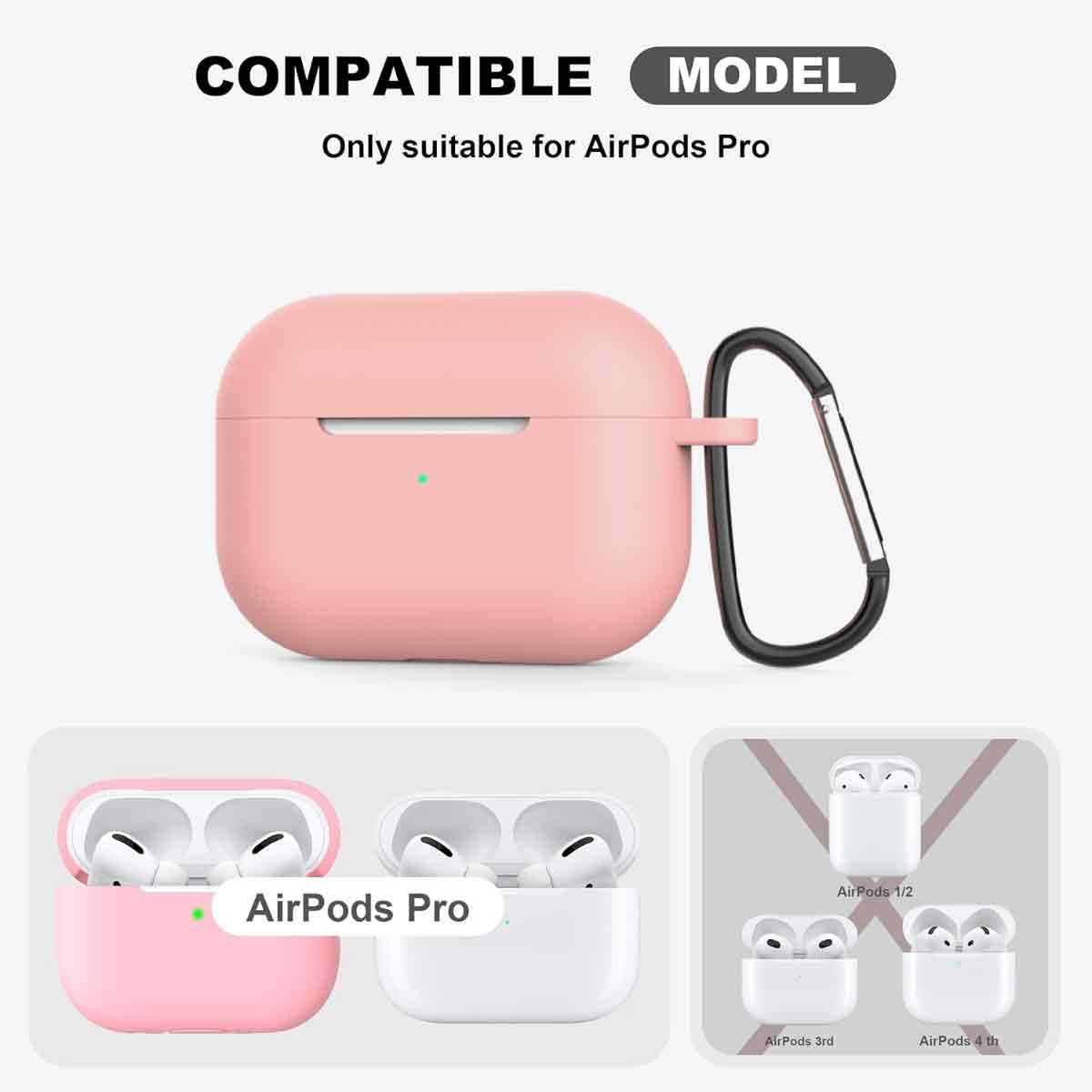 Rosa AirPods Pro Hülle mit schwarzem Karabiner, Text 'COMPATIBLE MODEL' und 'Nur für AirPods Pro geeignet'. Zeigt auch AirPods-Modelle.