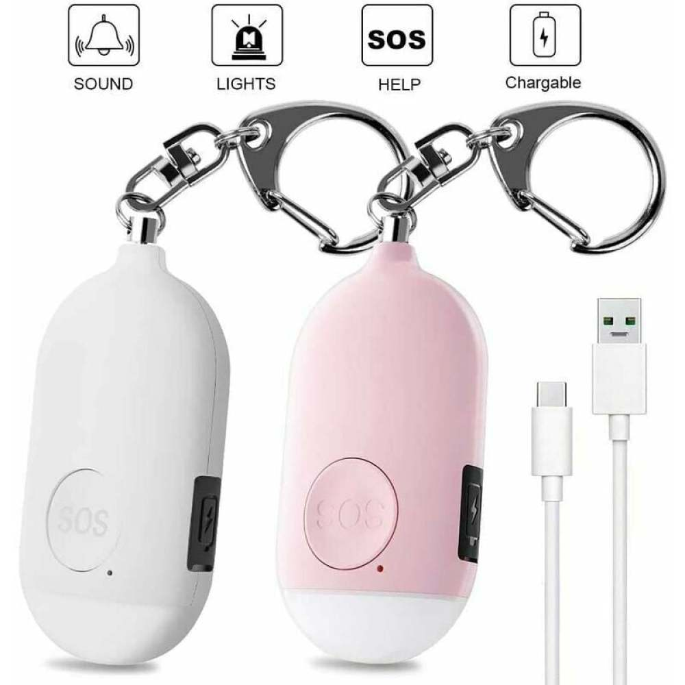 Zwei persönliche Sicherheitsalarme, weiß und rosa, mit Schlüsselanhängern. USB-Ladekabel unten. Symbole für Ton, Licht und SOS.