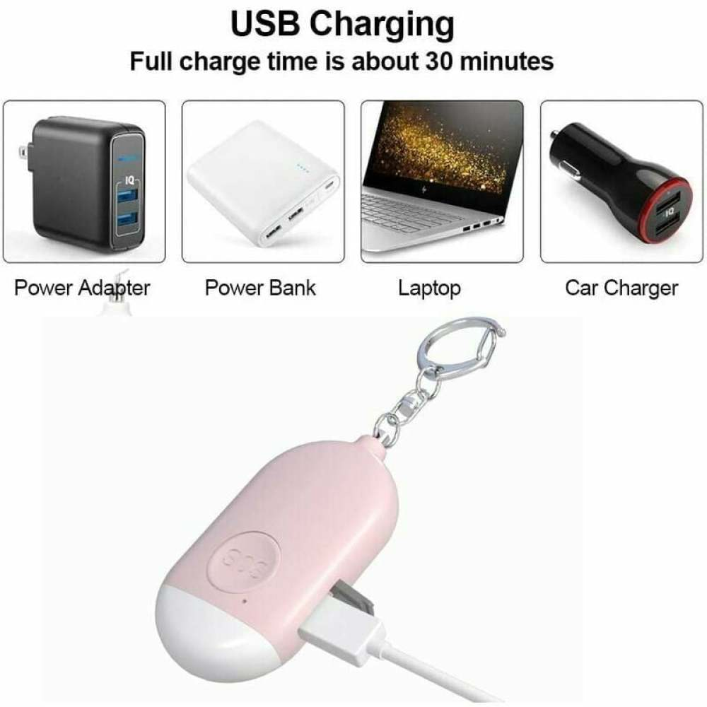 Das Bild zeigt USB-Ladegeräte: Netzteil, Powerbank, Laptop, Autoladegerät und einen rosa Schlüsselanhänger mit USB.