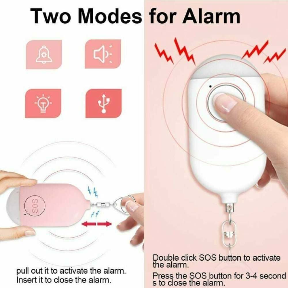 Das Bild zeigt zwei Alarmmodi: Herausziehen oder Doppelklick. Gezeigt wird ein rosa Alarmgerät mit SOS, außerdem eine Hand, die einen weißen Alarm hält.