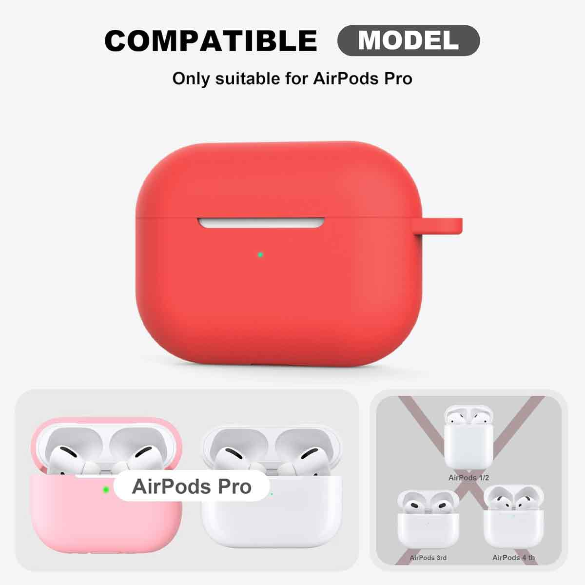 Gezeigt wird eine rote AirPods Pro Hülle. Darunter befinden sich Bilder von AirPods, darunter Modelle der Generationen Pro, 1/2, 3. und 4.