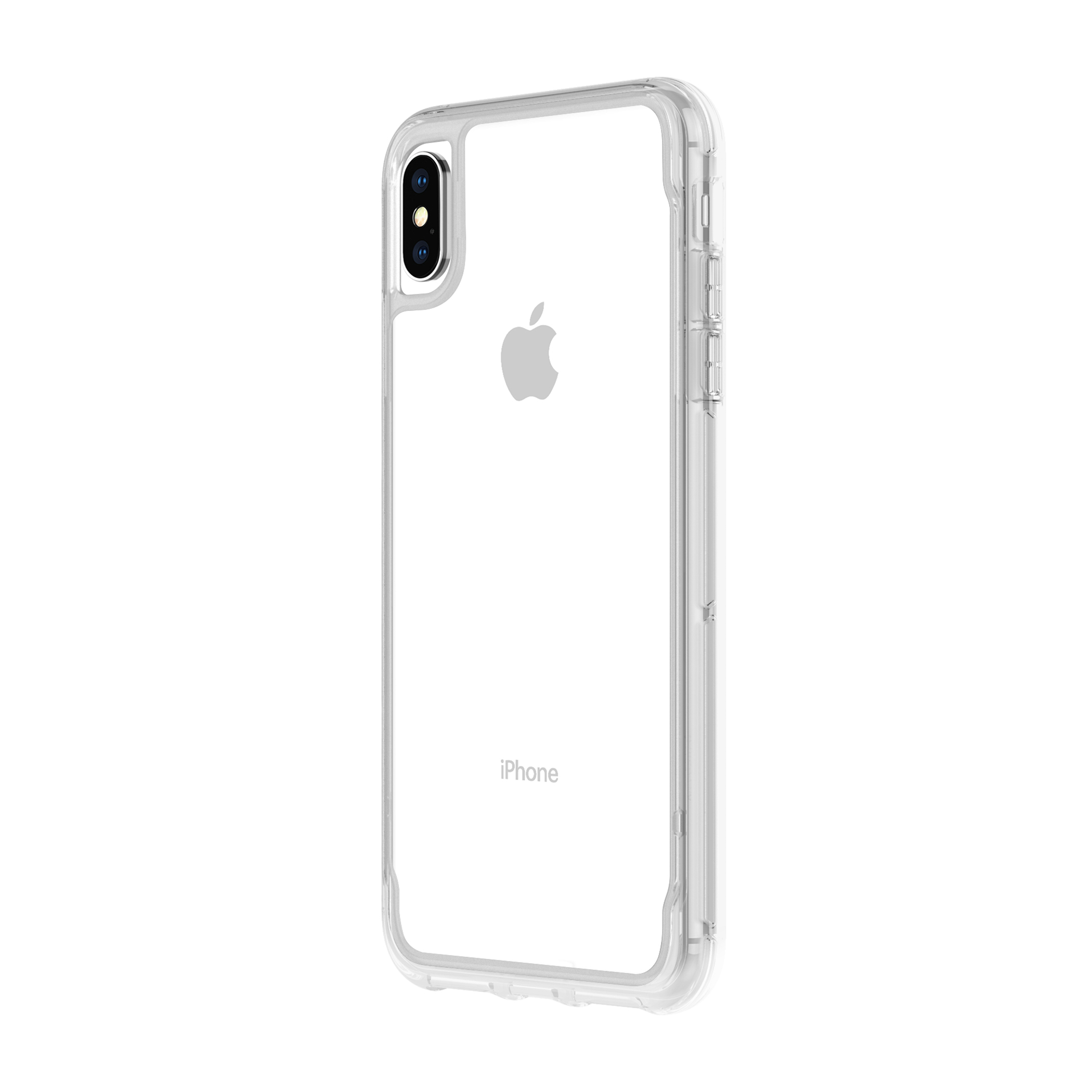 Custodia trasparente per iPhone. Il telefono è visibile attraverso la custodia. Sfondo bianco.