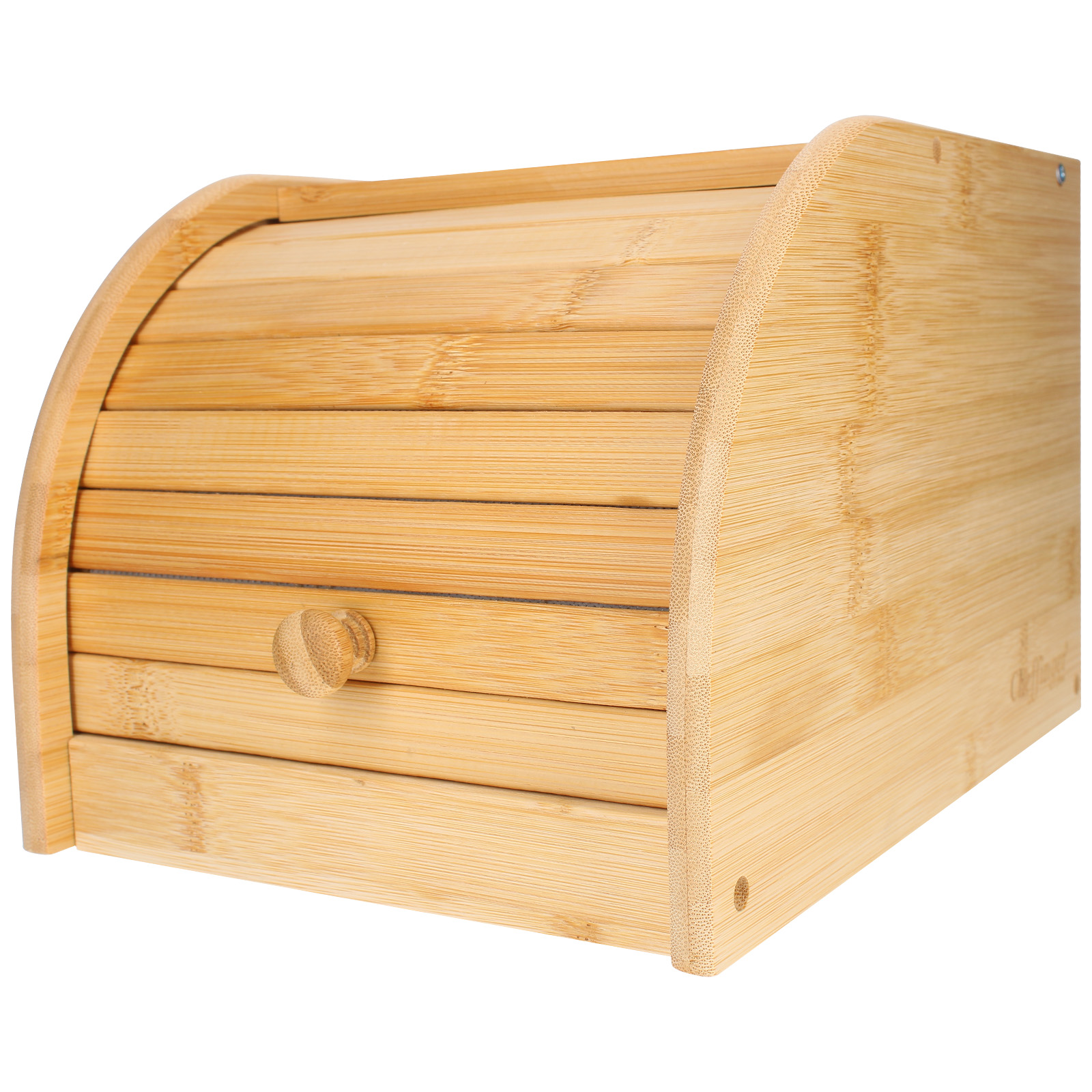 Ein Brotkasten aus Bambus mit Rolldeckel und Schublade. Er ist hellbraun und hat einen Holzknauf.