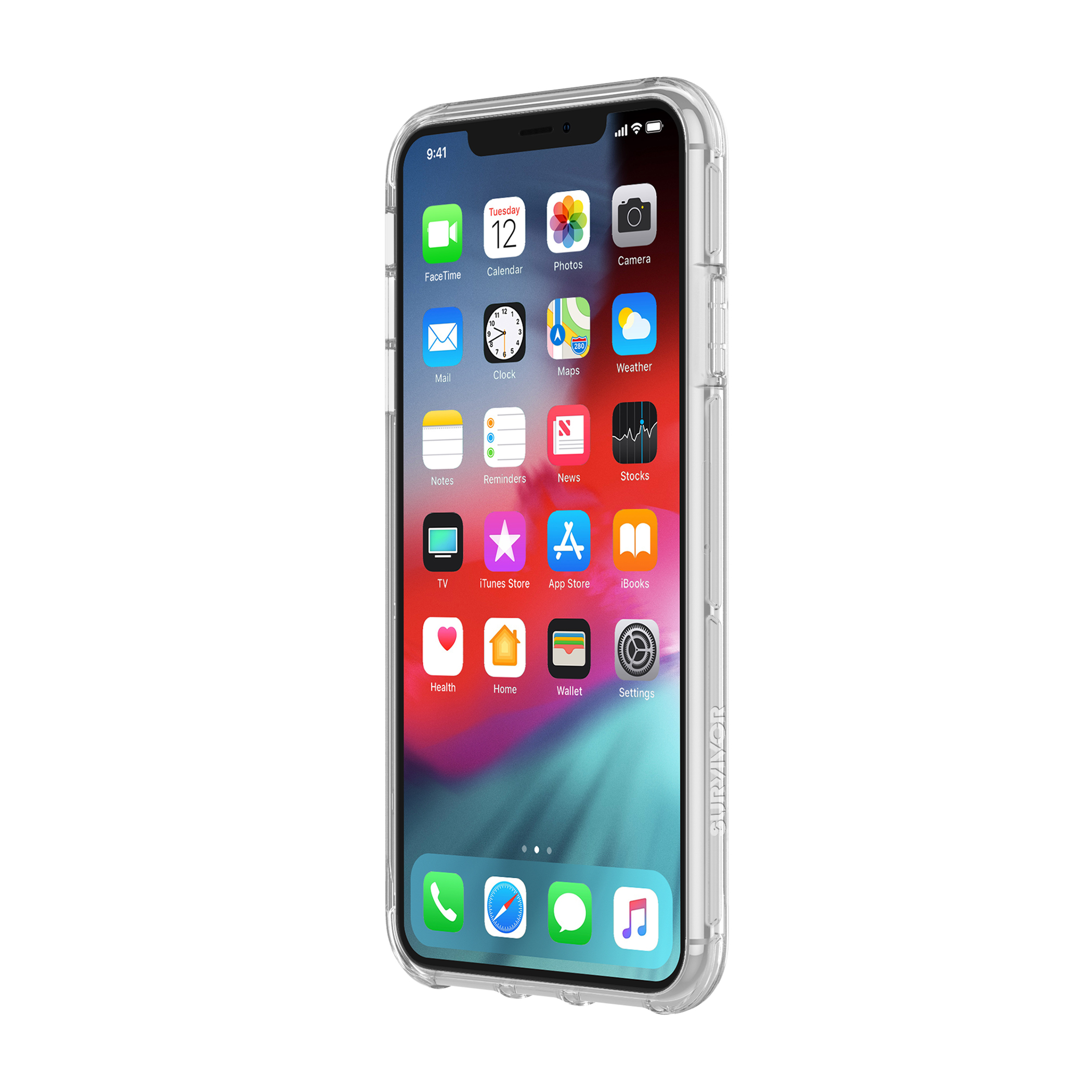 Un iPhone in una custodia trasparente mostra le icone delle app. L'ora è 9:41. Le app includono FaceTime, Calendario, Foto, Fotocamera e altro.