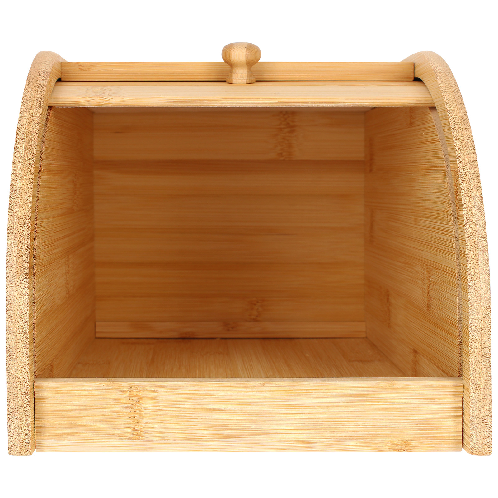 Offene Bambusbrotbox. Die Box besteht aus hellbraunem Bambus. Oben befindet sich ein Griff.