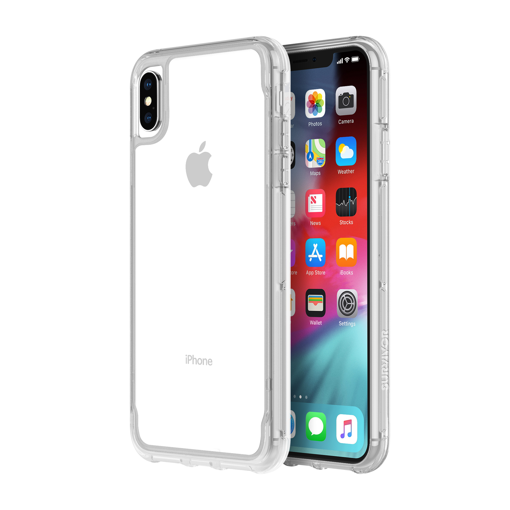 Un iPhone X in una custodia trasparente. Lo schermo mostra le icone delle app. La custodia è trasparente, rivelando il telefono.