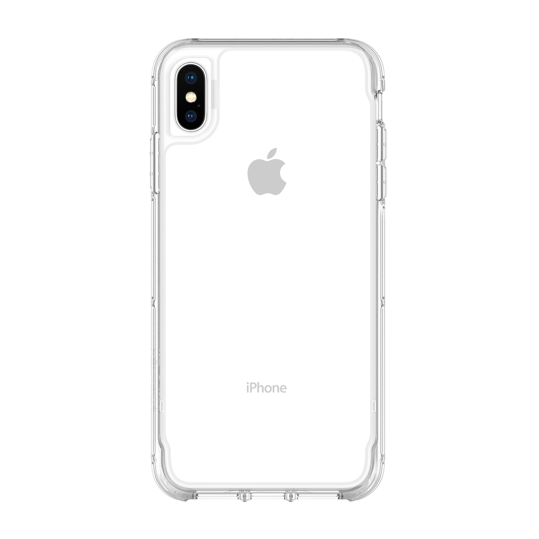 Custodia trasparente per iPhone, logo Apple e testo iPhone. Fotocamera del telefono visibile. Sfondo bianco.
