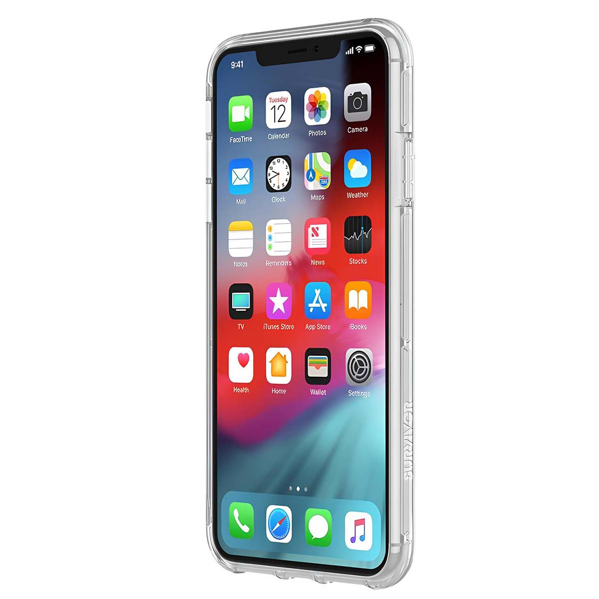 Un iPhone mostra la schermata iniziale con le icone delle app. Una custodia trasparente circonda il telefono. L'ora è 9:41. La data è martedì 12.
