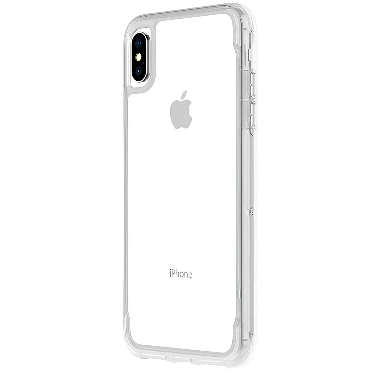 Custodia trasparente per iPhone X. Visibili fotocamera, logo Apple e la parola 'iPhone' in basso.