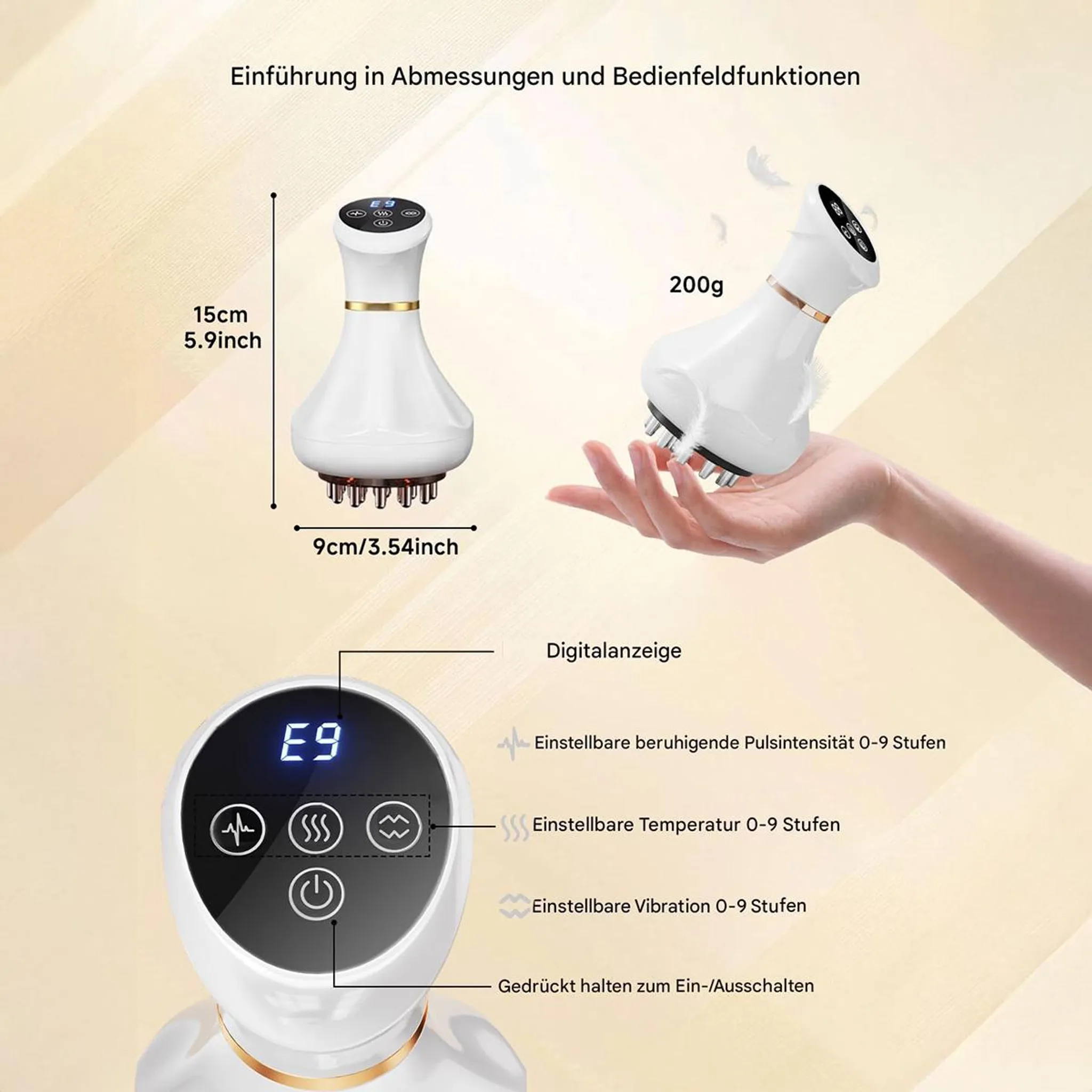 Ein weißes Massagegerät mit Digitalanzeige, das in einer Hand gehalten wird. Abmessungen und Funktionen sind abgebildet.