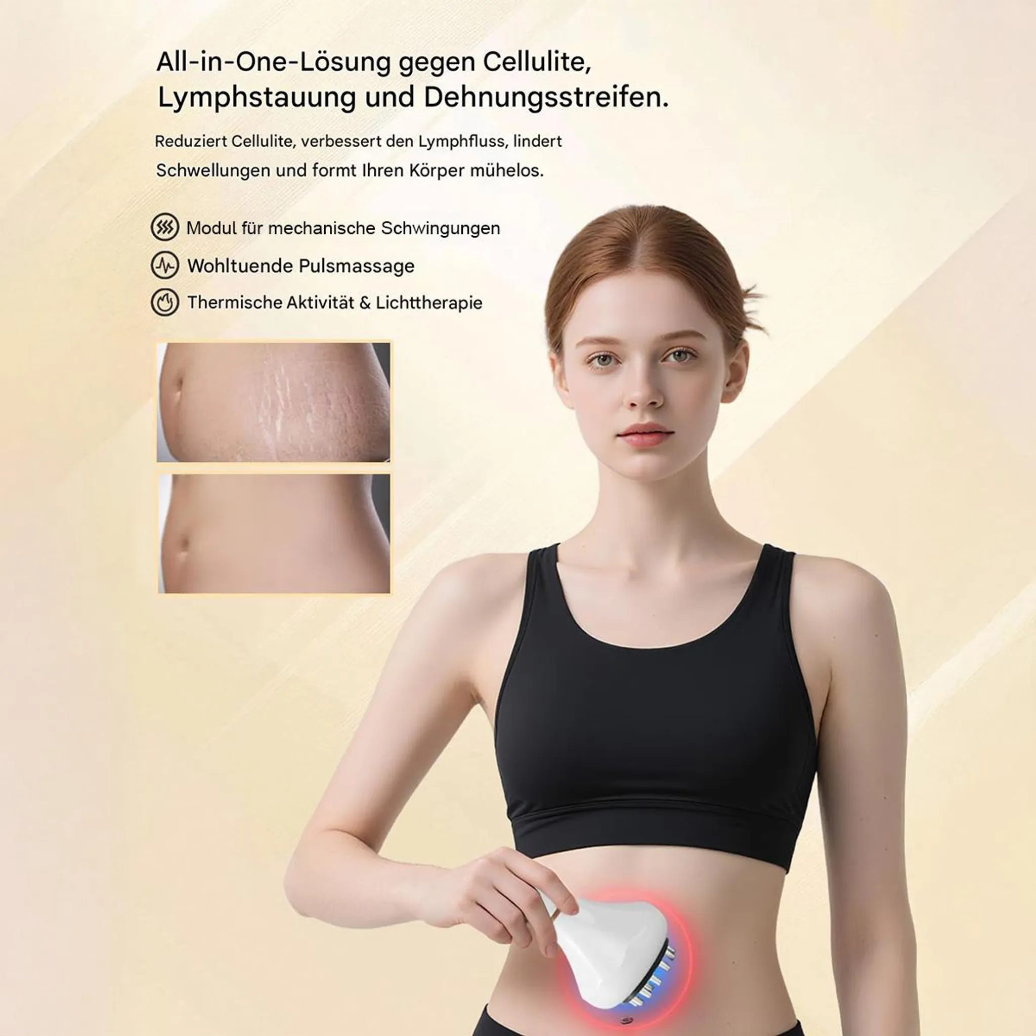 Frau hält ein weißes Gerät am Bauch. Text über Cellulite, Lymphfluss und Dehnungsstreifen.