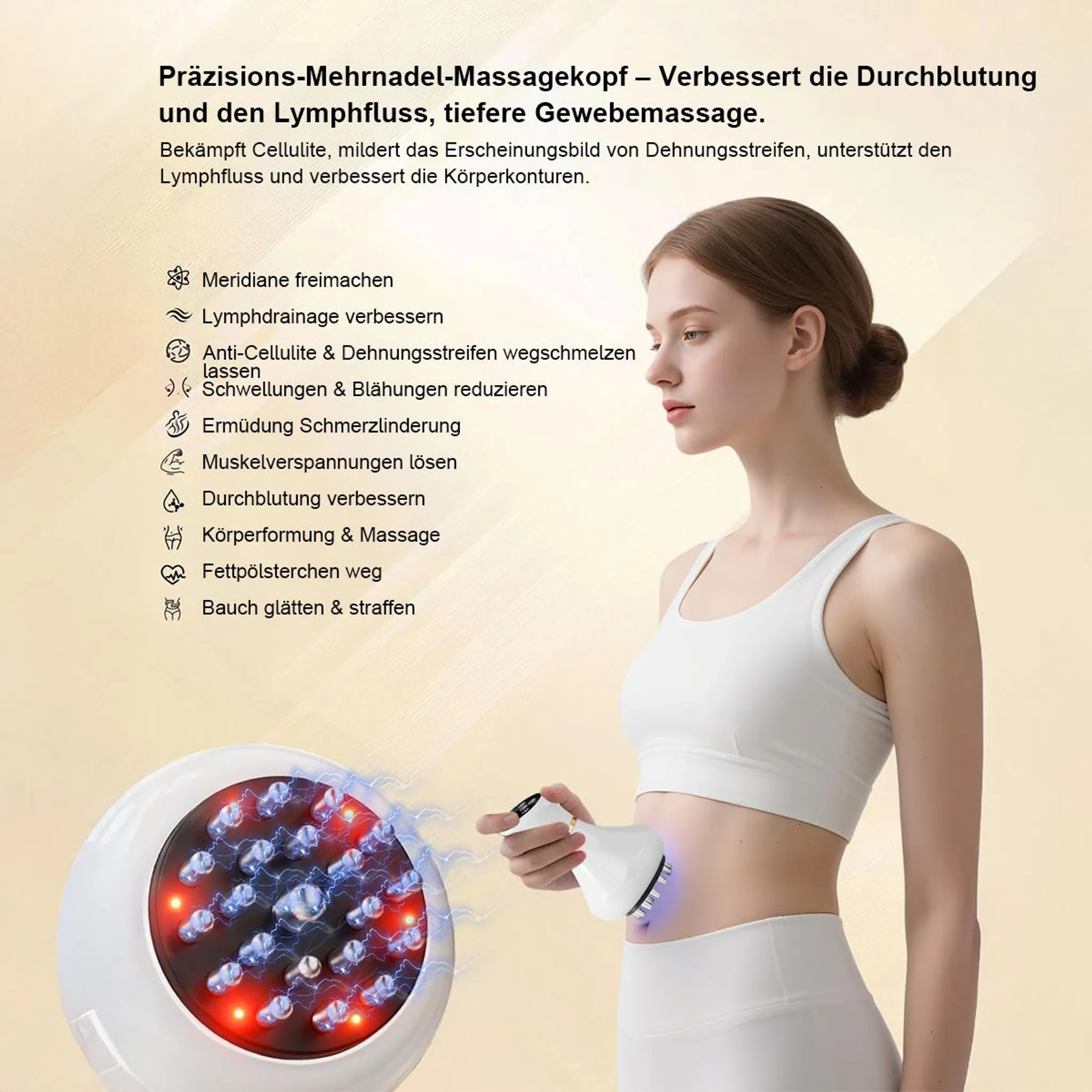 Eine Frau benutzt ein Massagegerät am Bauch. Das Gerät hat Lichter. Text auf Deutsch beschreibt Vorteile.