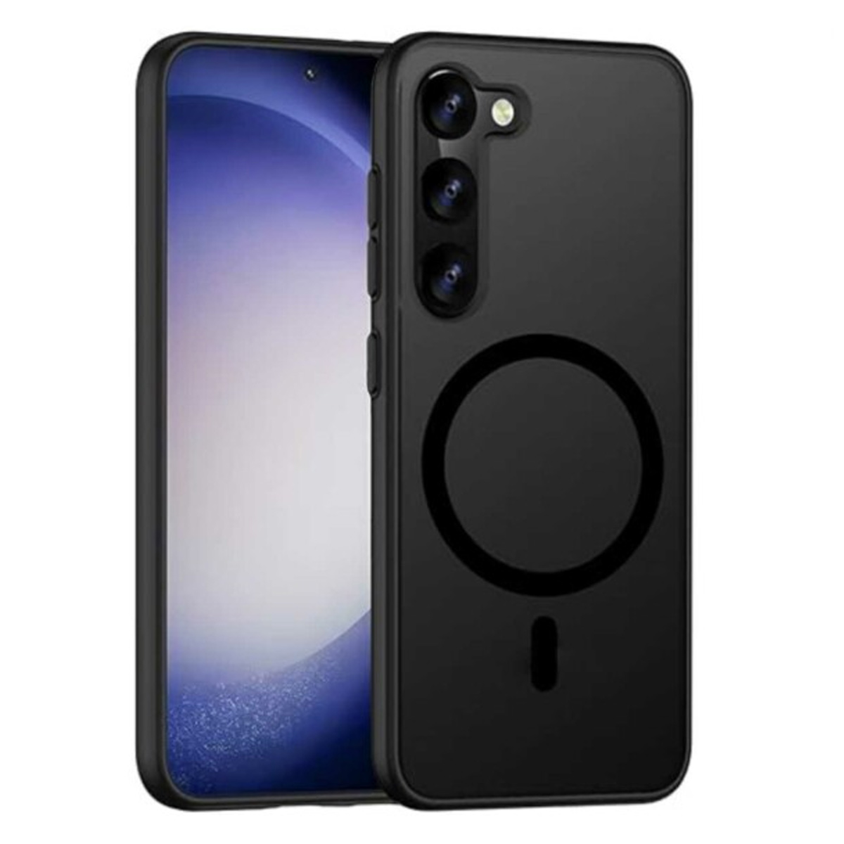 Schwarze Handyhülle mit einem Handy darin. Die Hülle hat ein Kameramodul und einen Magnetkreis. Der Telefonbildschirm ist sichtbar.