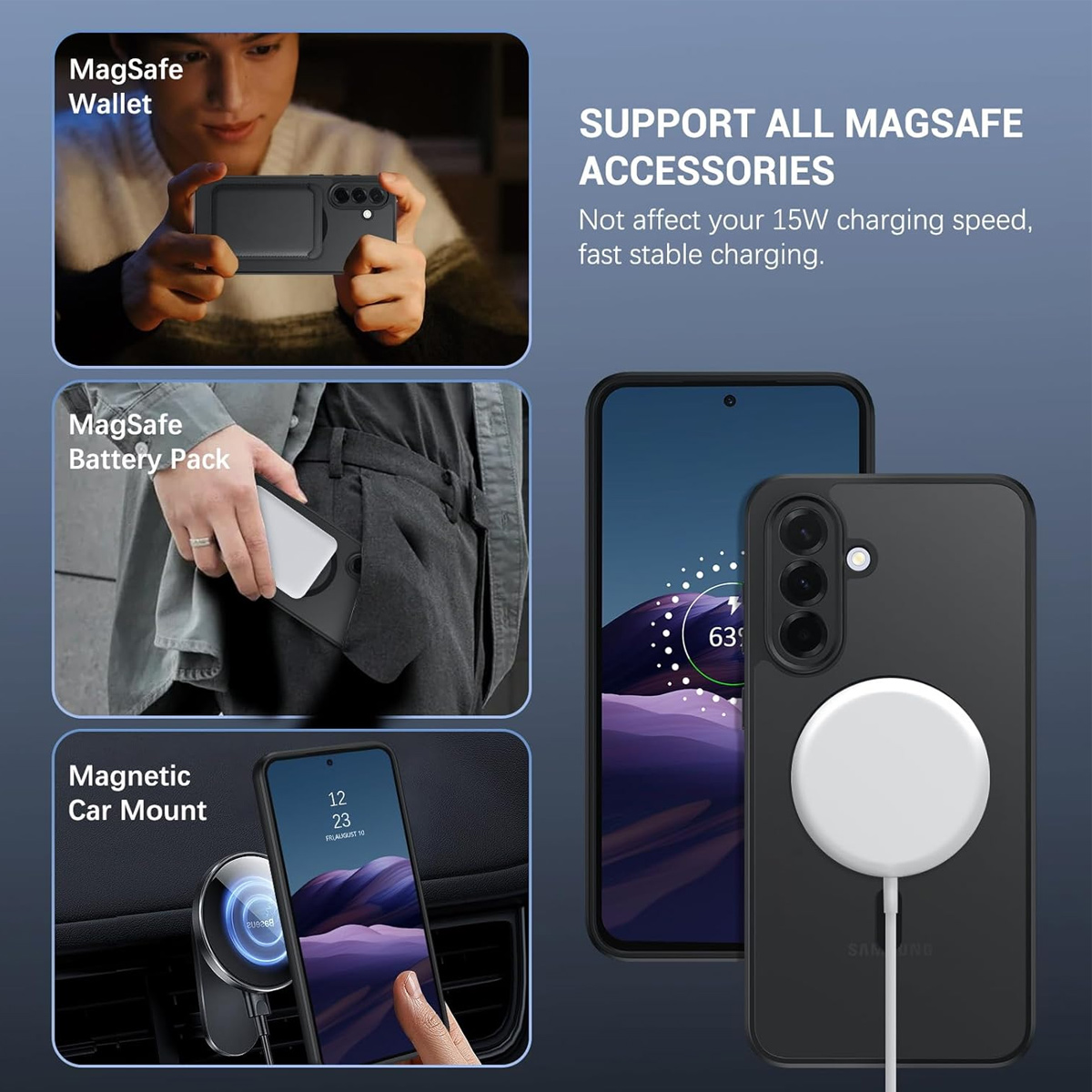 Das Bild zeigt MagSafe-Zubehör: Geldbörse, Akkupack und Autohalterung. Ein Telefon mit MagSafe-Ladegerät wird ebenfalls angezeigt.