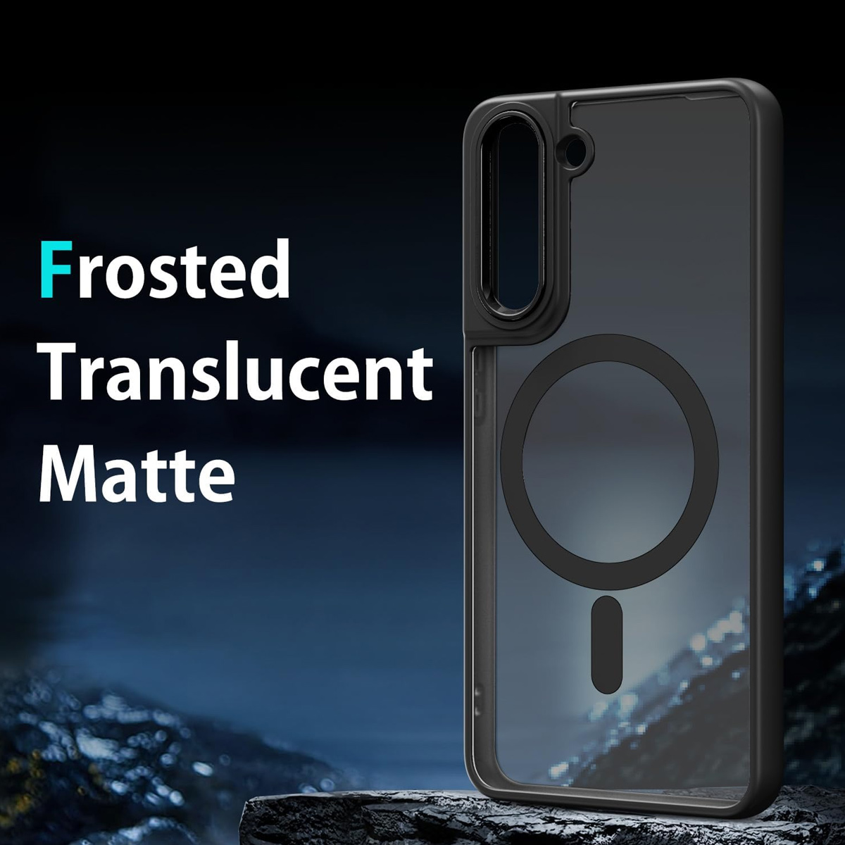 Gezeigte Handyhülle mit mattem, transluzentem Finish. Das Gehäuse hat einen schwarzen Rahmen und einen großen kreisförmigen Magneten.