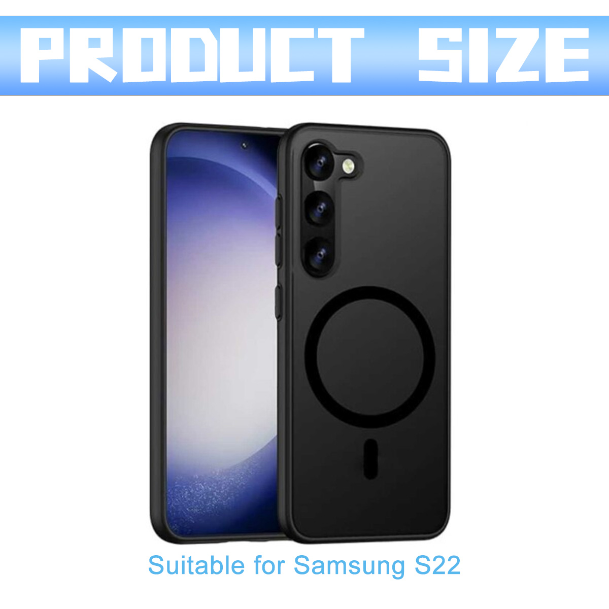 Schwarze Handyhülle für Samsung S22. Sie hat einen Kreis und eine Linie, mit drei Kameras, und die Produktgröße steht oben.
