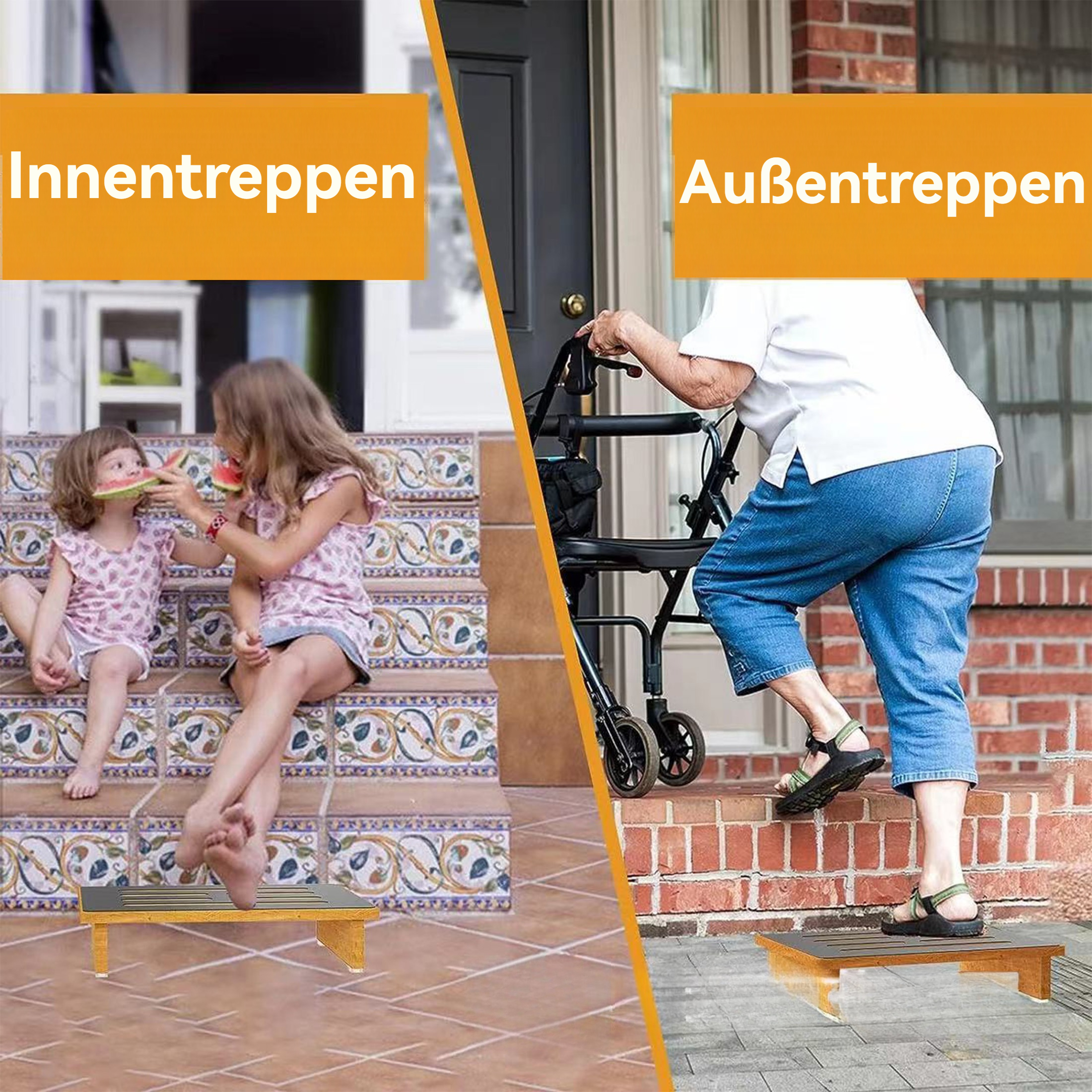 Geteiltes Bild, links: Mädchen essen Wassermelone. Rechts: ältere Person mit Rollator, der eine Treppe betritt.