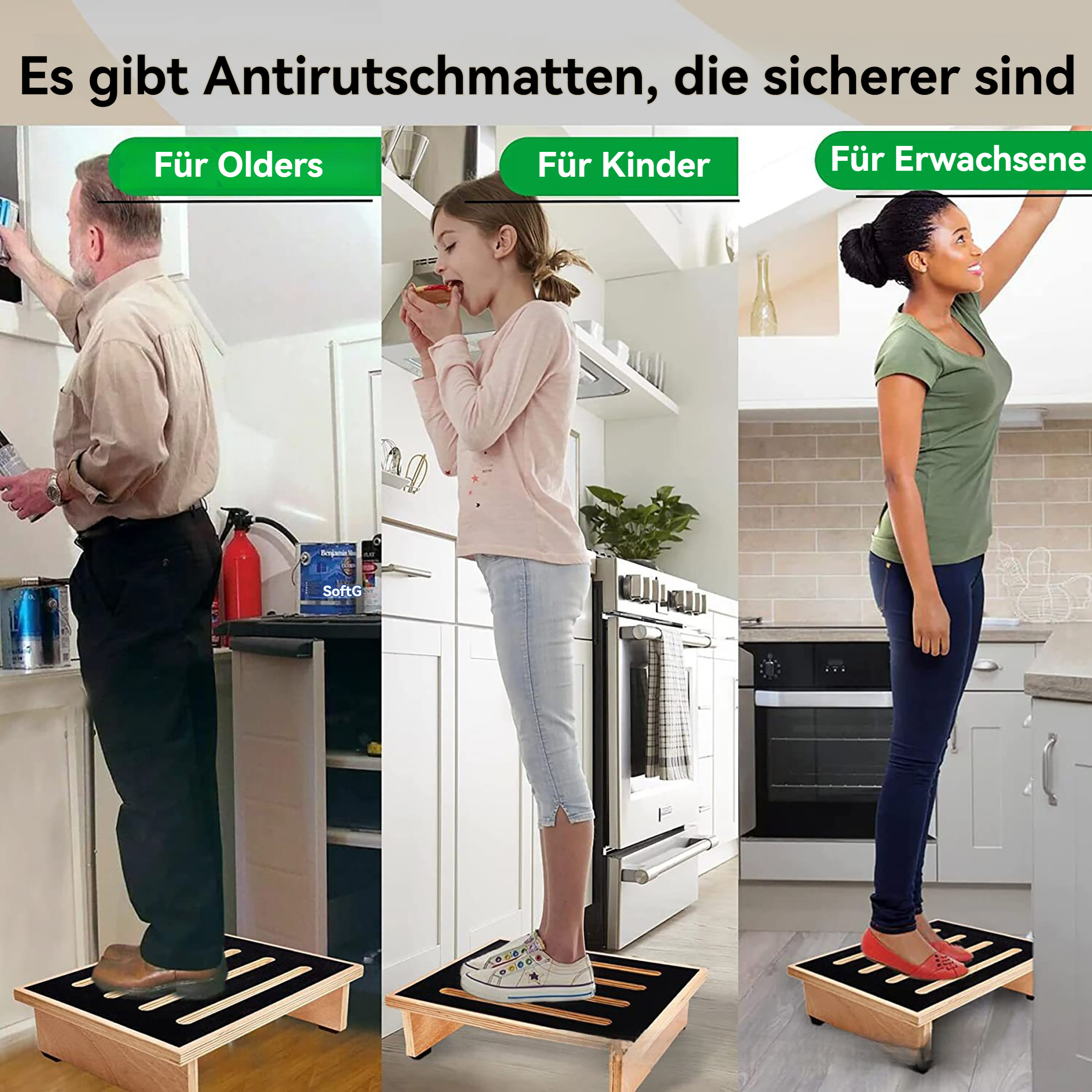Das Bild zeigt drei Personen auf Treppen. Text sagt: Für Olders, Für Kinder und Für Erwachsene. Küchenumgebung.