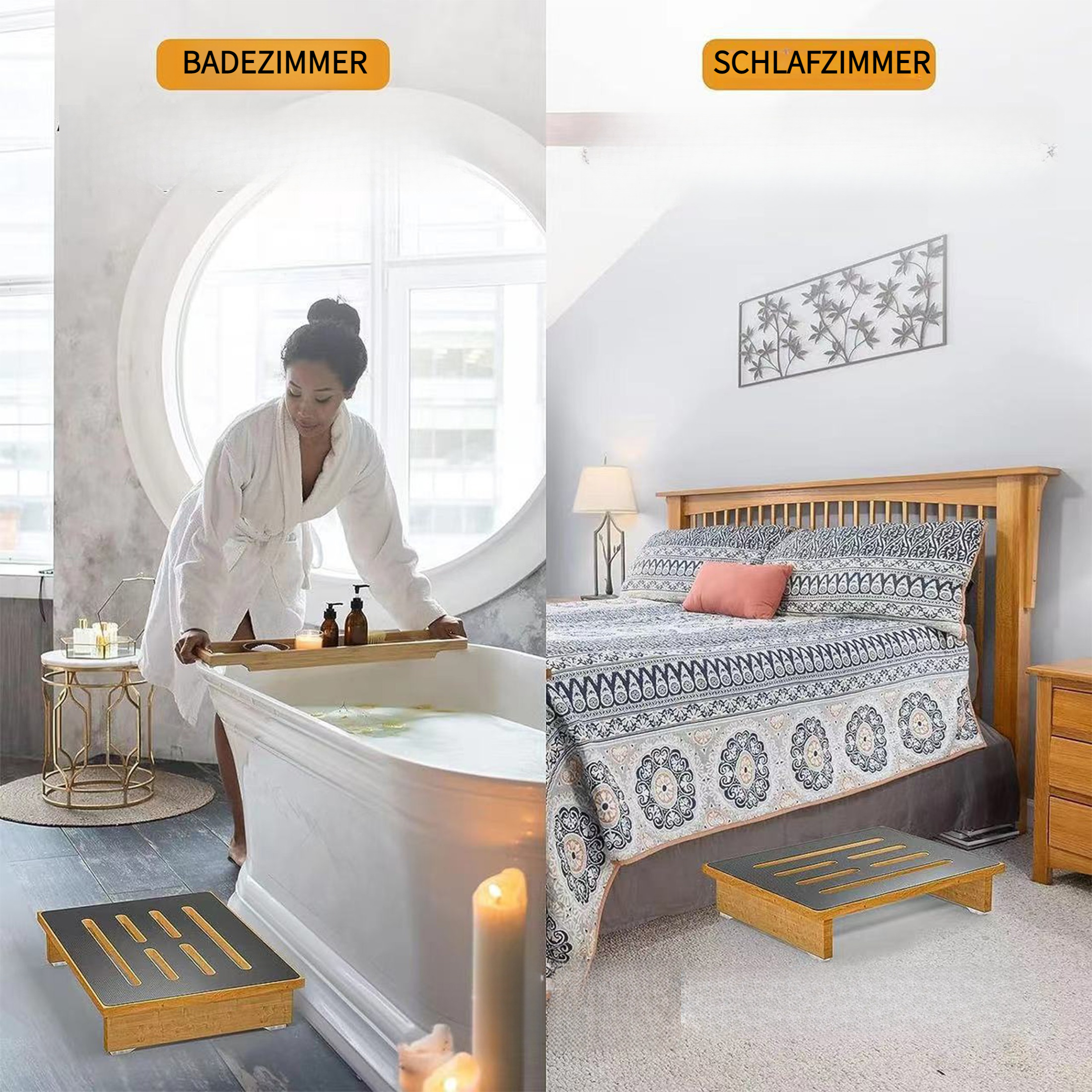 Geteiltes Bild: Badezimmer mit Frau, Wanne, Trittschemel; Schlafzimmer mit Bett, Trittschemel. Beide haben Trittschemel.
