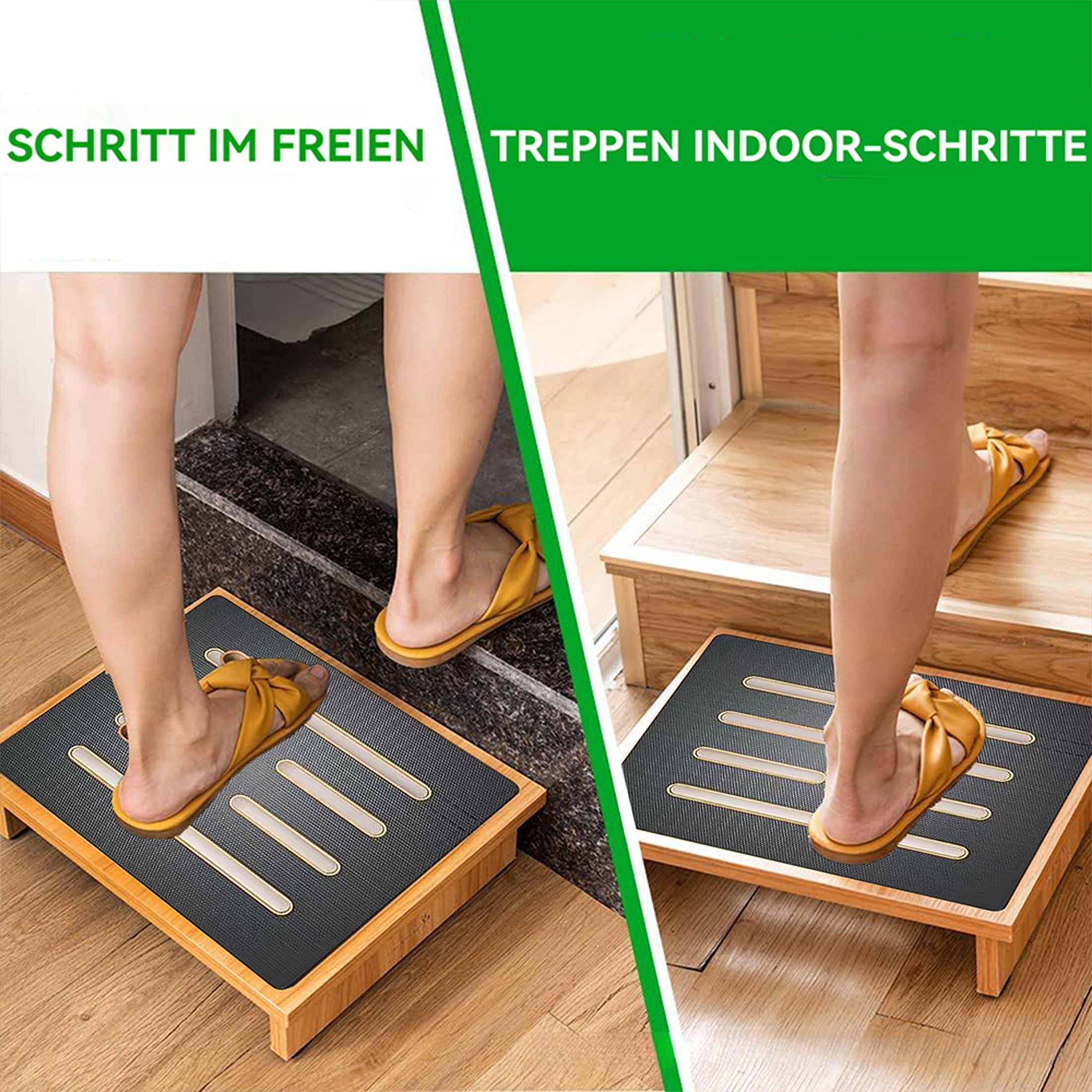 Zwei Personen mit gelben Sandalen treten auf Holz-Trittschemel. Der Hintergrund zeigt Innen- und Außenbereiche.