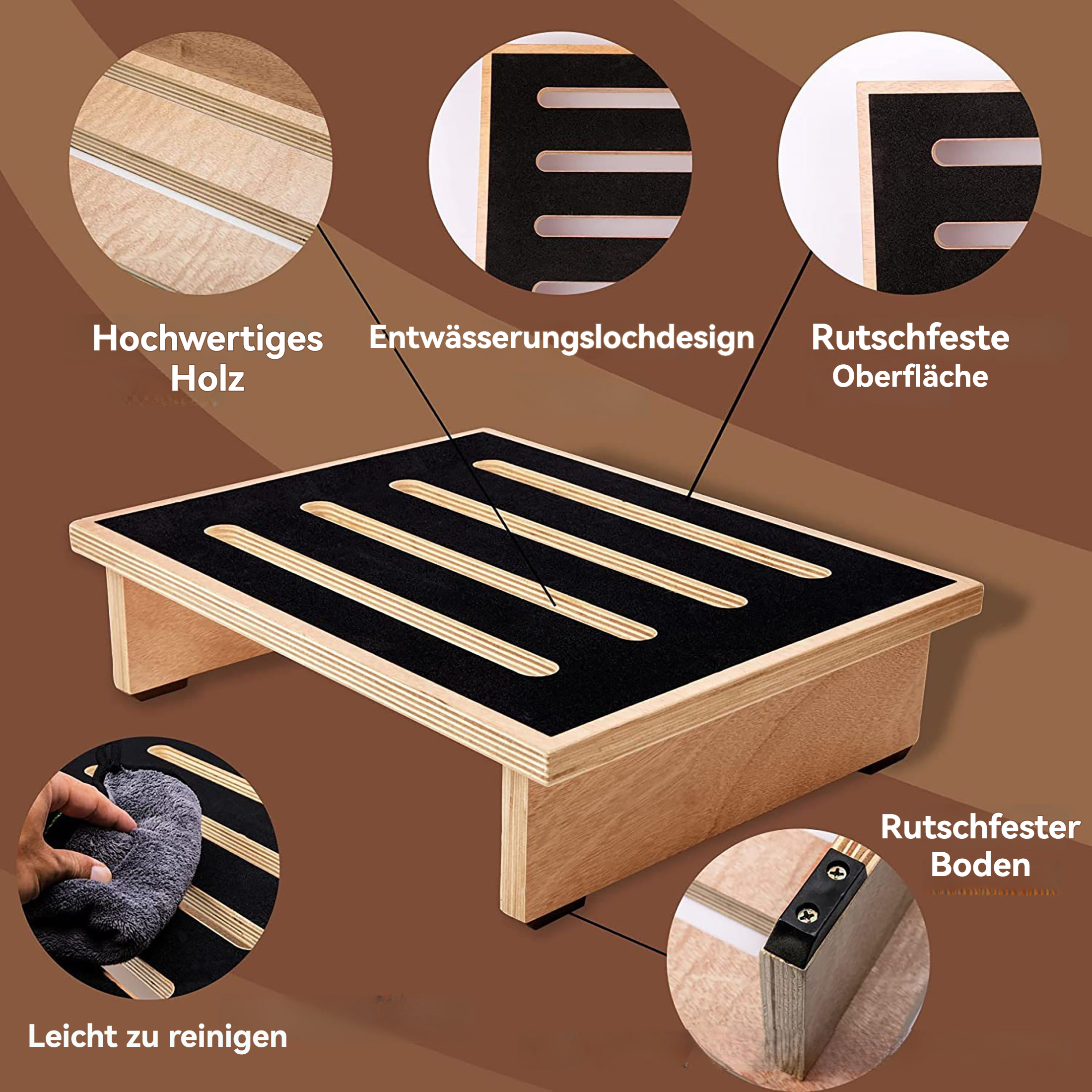 Ein Holzfußhocker mit schwarzer, strukturierter Oberseite. Merkmale sind Abflusslöcher, rutschfeste Oberflächen und einfache Reinigung.